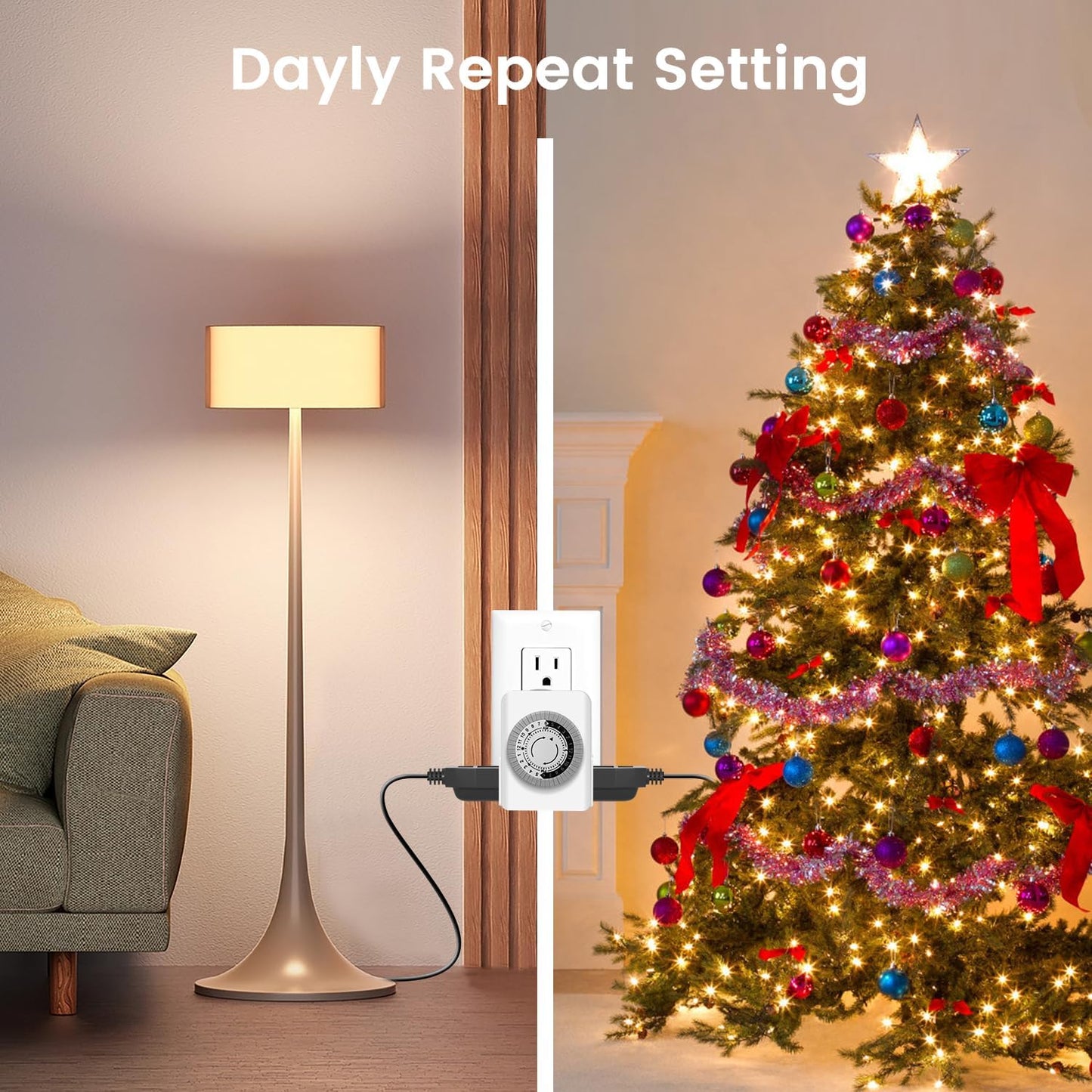 Outlet Timer,Timers for Electrical Outlets Indoor with 3-Prong Dual Outlet,24-Hour 30 Minute Daily On/Off Cycle, Plug-in Mechanical Timers for Christmas Lights, Lamps, Grow Light (2-Pack)