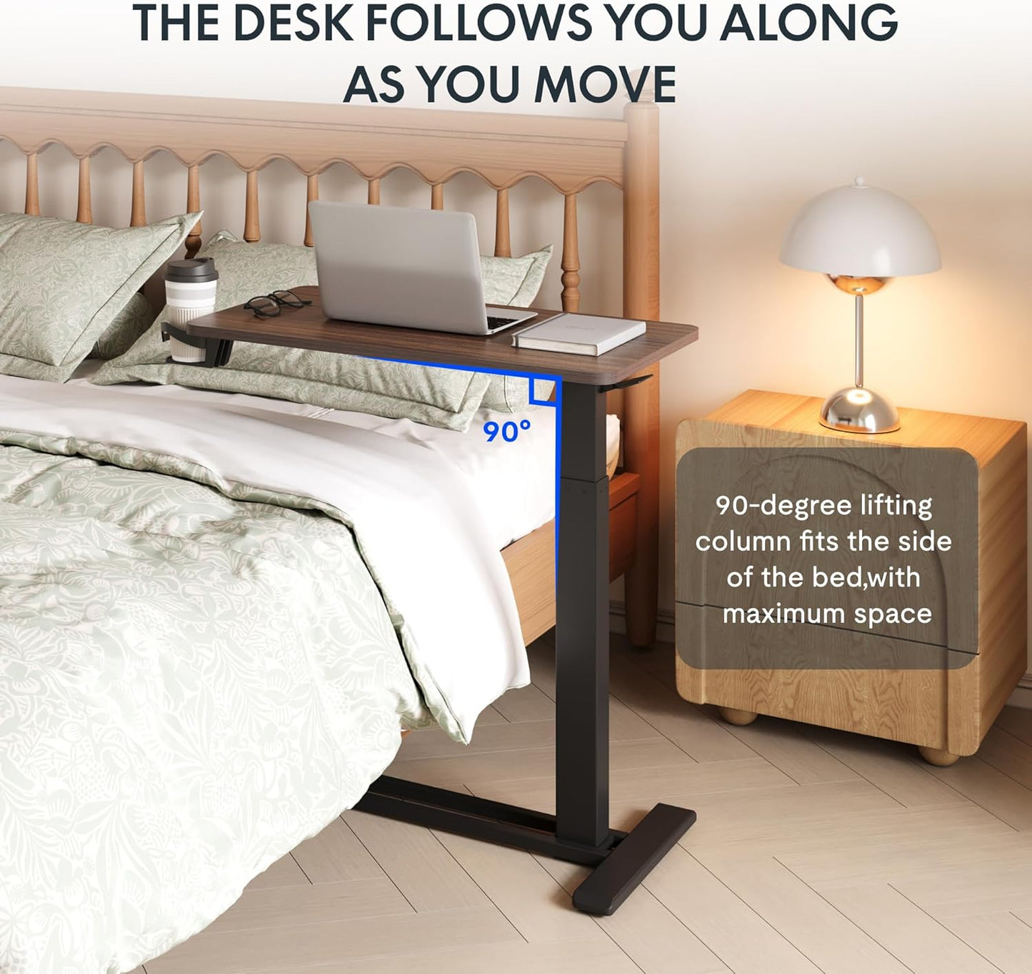 FLEXISPOT H7 Adjustable Overbed Bedside Table with Wheels Pneumatic Mobile Standing Desk Laptop Desk Rolling Computer Cart Movable Table Hospital Home Use(27.6" W x 15.7" D, Mahogany Table)