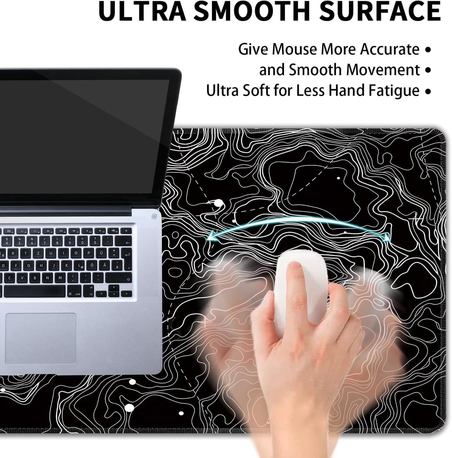 Black with White Topographic Line Large Mouse Pad,Gaming Keyboard Desk Pad,Extended Mouse Mat Non-Slip Rubber Base with Stitched Edges for Office Game Home XXL 35.4"x15.7"