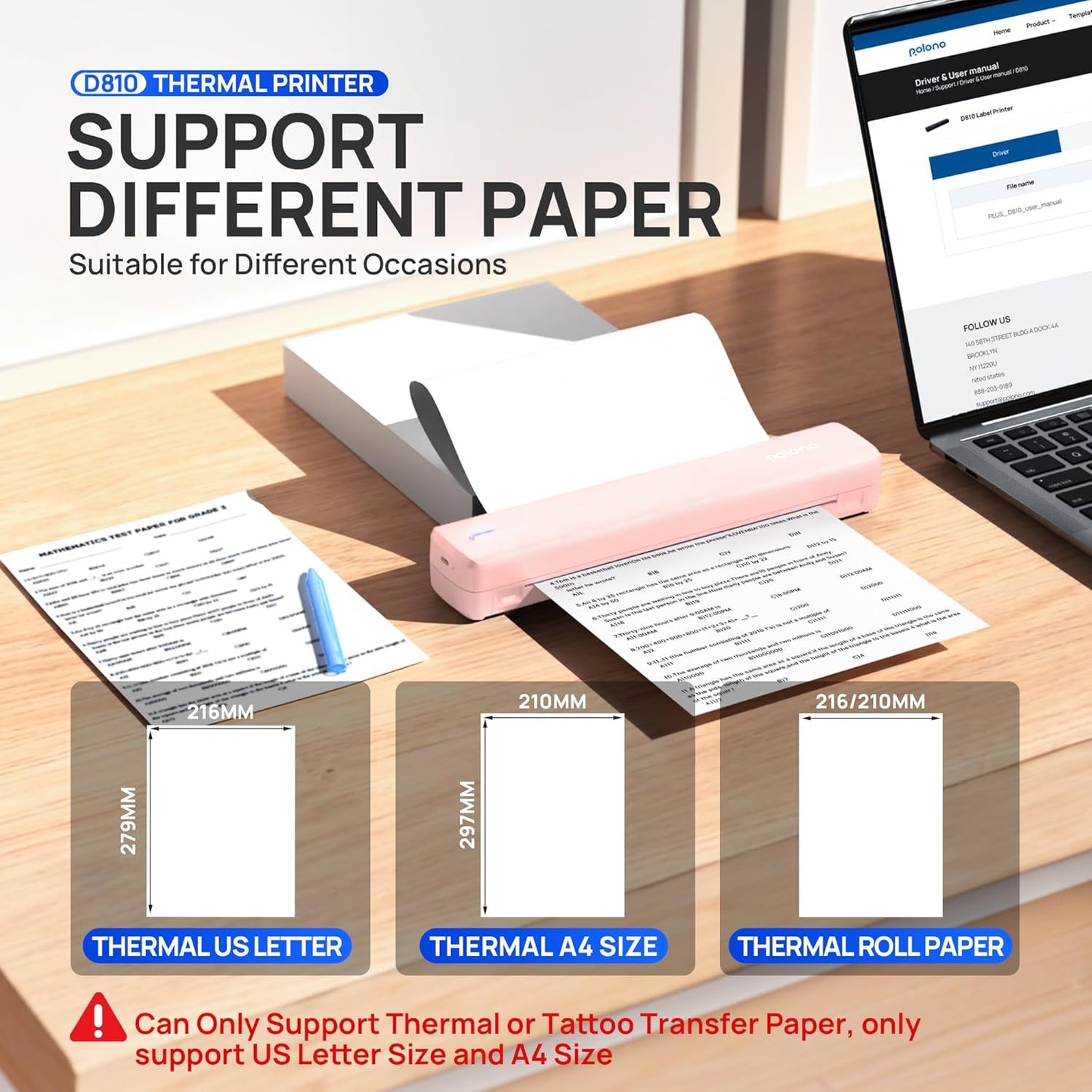 POLONO Portable Printer Wireless for Travel, D810 Bluetooth Thermal Printer Support for 8.5"x11" US Letter, Inkless Compatible with iOS, Android, Laptop for Office, Car and Home with Carry Case, Pink