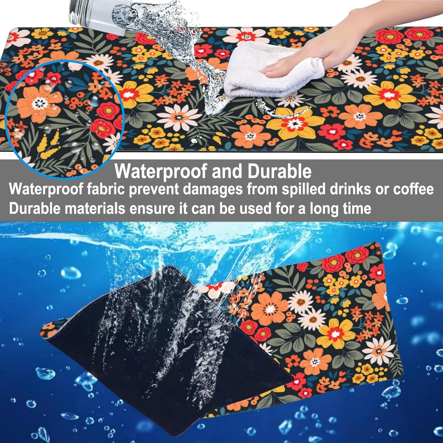 Mouse Pad, Large Colorful Flowers and Plants Desk Mat, Extended Non-Slip Gaming Keyboard Mousepad Desk Pad, Thick Stitched Edges Waterproof Mouse Mat 31.5"x15.7" (Bright Abstract Floral)