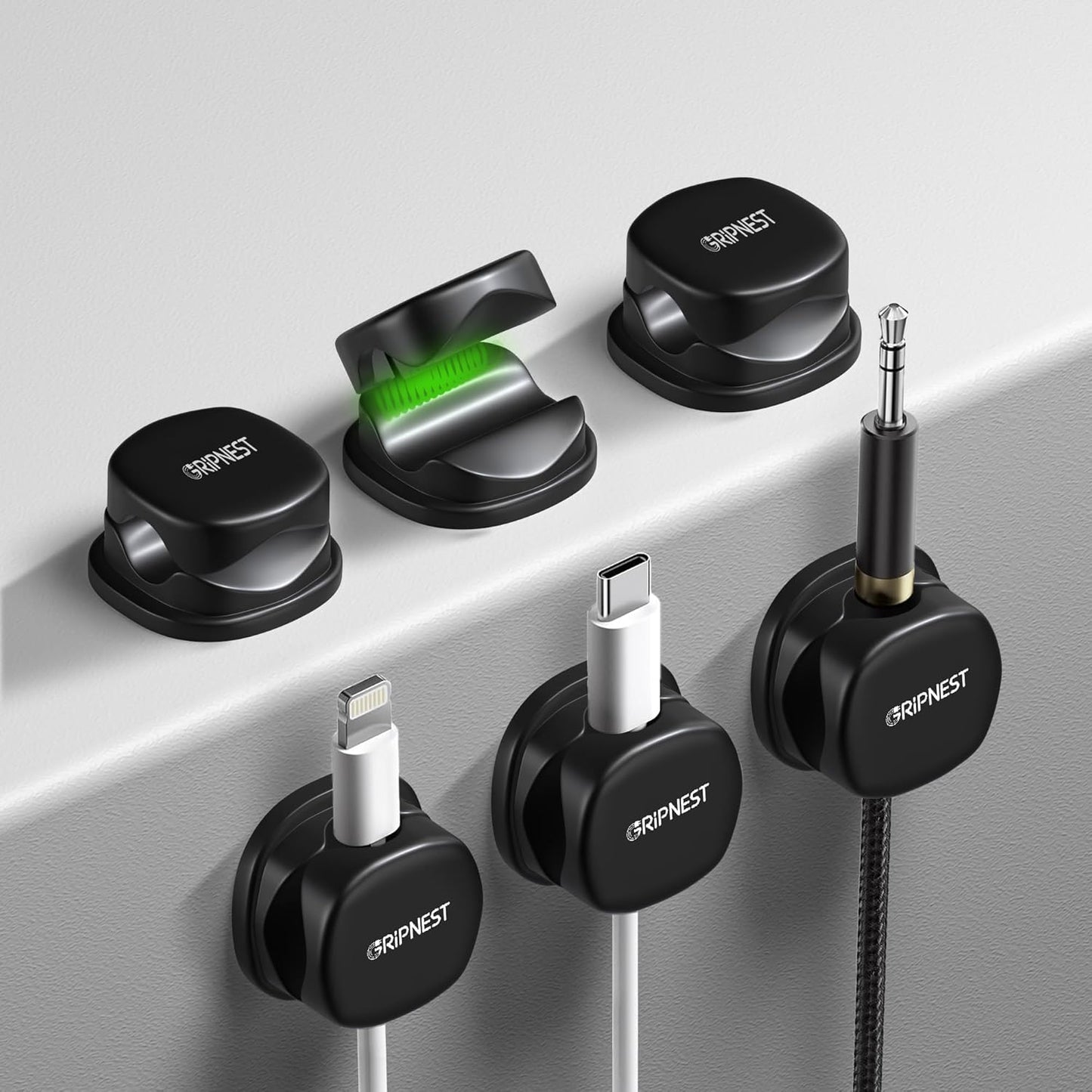 6 Pack Adhesive Cable Clips Black Spring Loaded Cord Holders for Nightstand, Desk, Wall, Car, or Bedside Ideal Charging Cable Organizer for Home or Office Setup