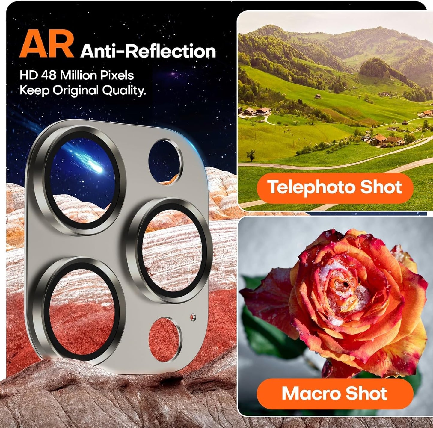 Camera Lens Protector for iPhone 16 Pro Max/16 Pro/15 Pro Max/15 Pro/14 Pro Max/14 Pro, Aluminum Alloy Sapphire Glass Camera Screen Cover, Case Friendly- Natural Titanium