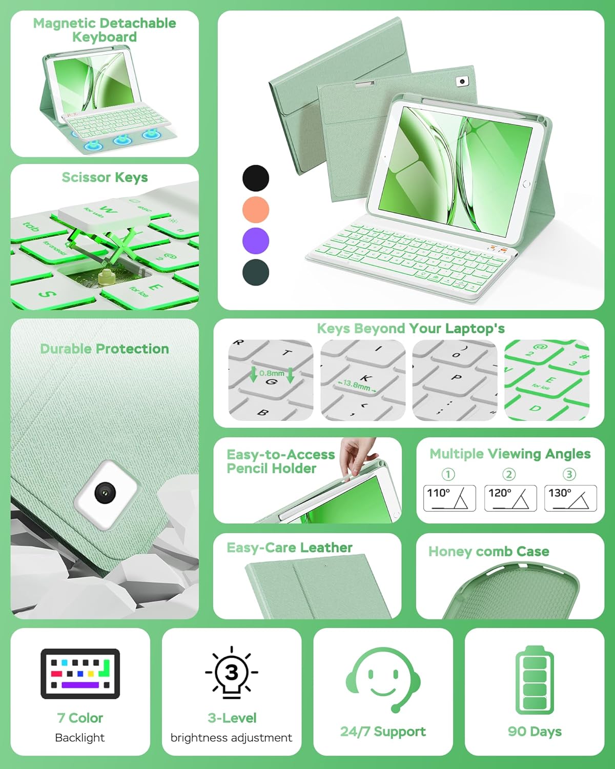 Keyboard Case for iPad 9th 8th 7th Generation Case 10.2" - 7 Colors Backlit Detachable Folio Keyboard Cover with Pencil Holder for iPad Pro 10.5" / iPad Air 3rd Gen (Green)