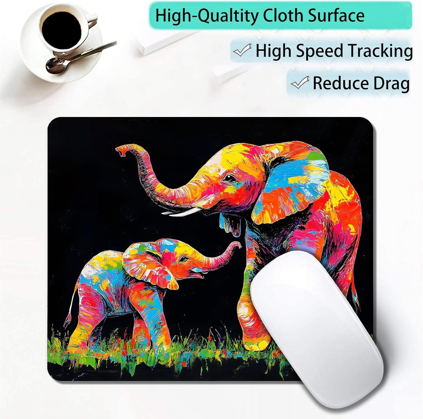 Colorful Animal Elephant Custom Mouse Pad with Non-Slip Rubber, Small Square Design for Wireless Laptop & Computer Mouse Pads for Desk, 9.5 x 7.9 inch Smooth Surface for Gaming & Office