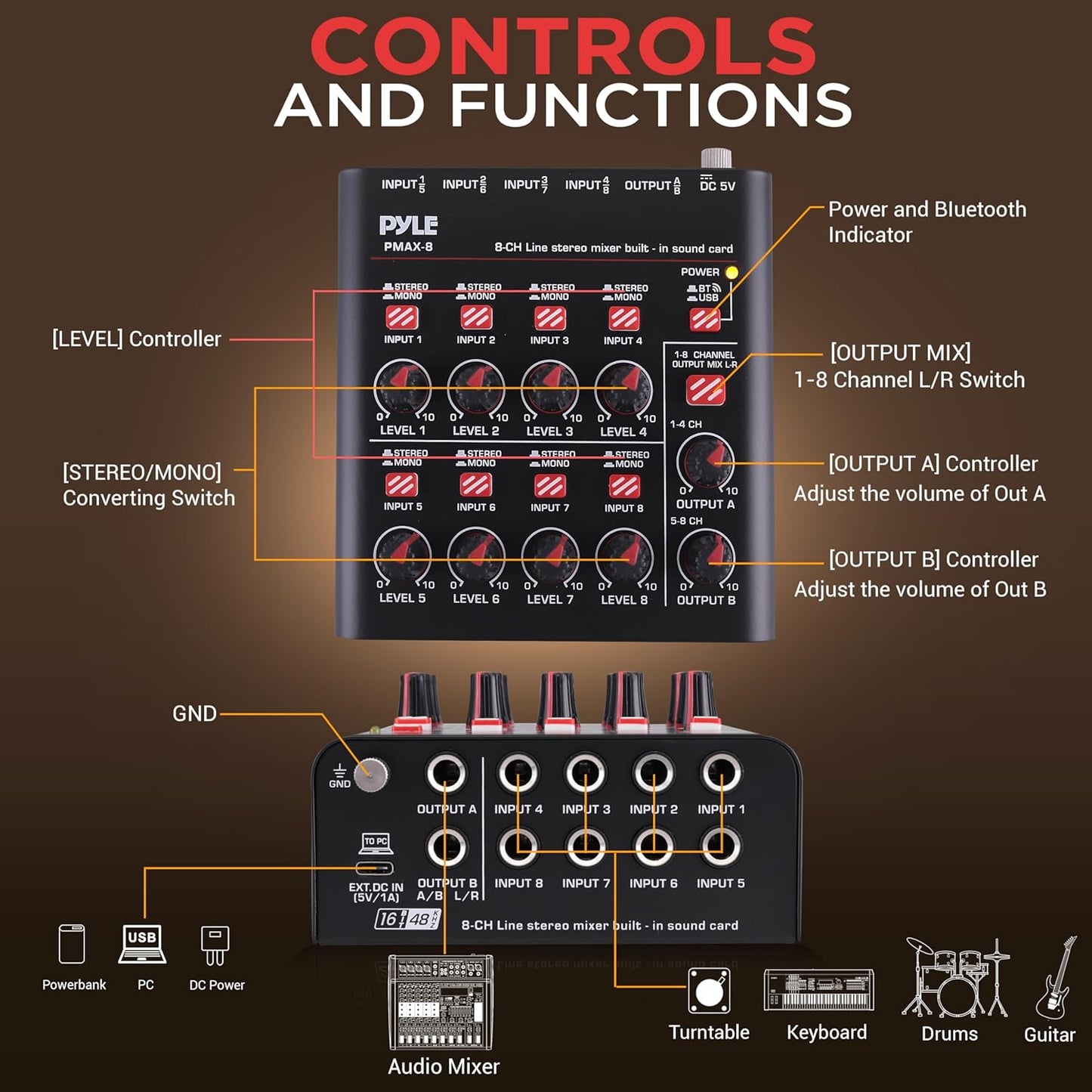 Pyle 8-Channel Wireless BT Streaming Mini Line Mixer with USB Audio Interface - 8 Mono/Stereo Switching Inputs | Ultra-low Noise Design with High Headroom | Built-in USB Sound Card - PMAX8