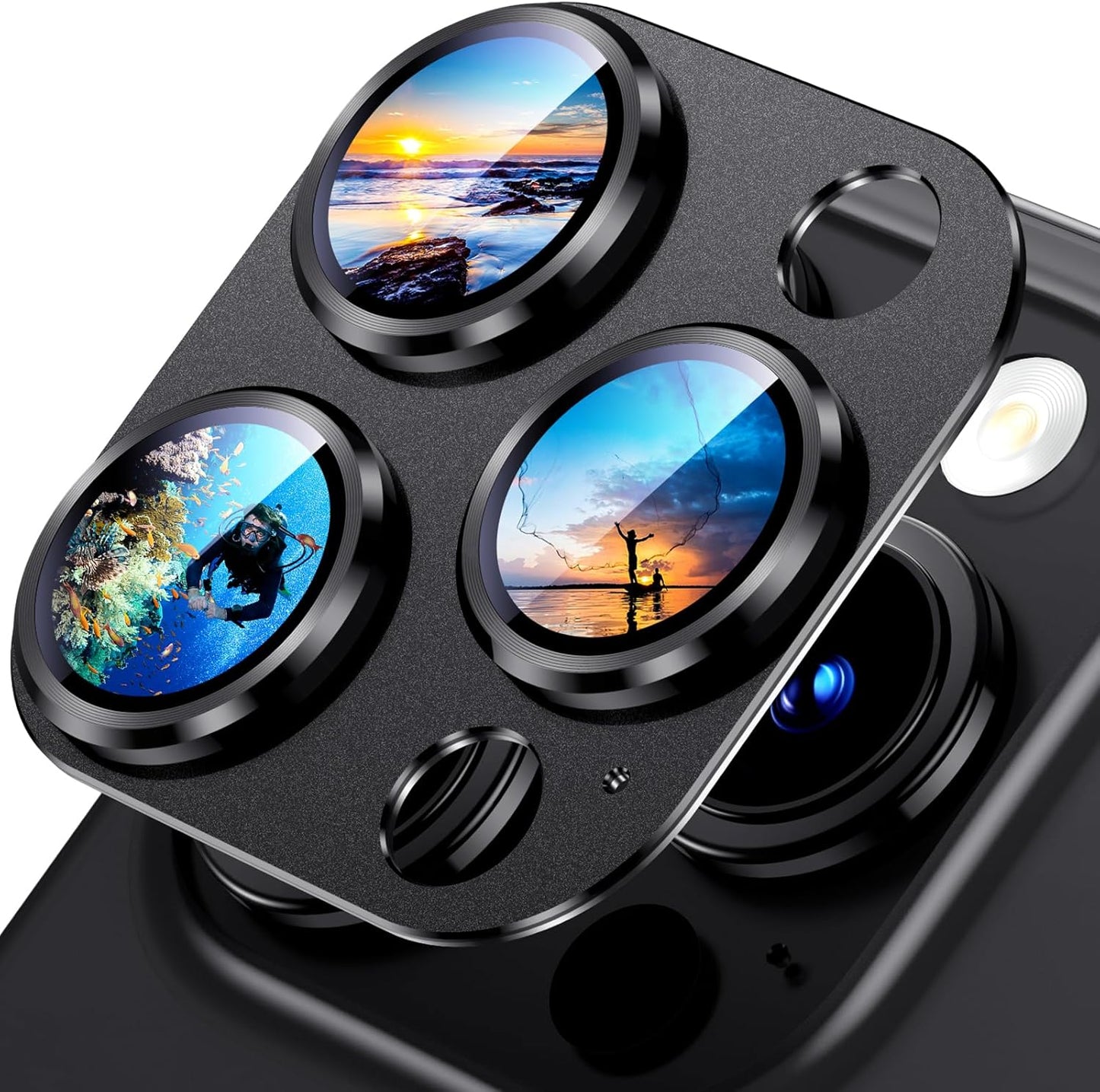 Uyiton Compatible with iPhone 15 Pro/iPhone 15 Pro Max Camera Lens Protector, [Not Easy to Break][Strong Adsorption][Case-Friendly] Metal Tempered Glass Rear Camera Screen Cover - Black Titanium