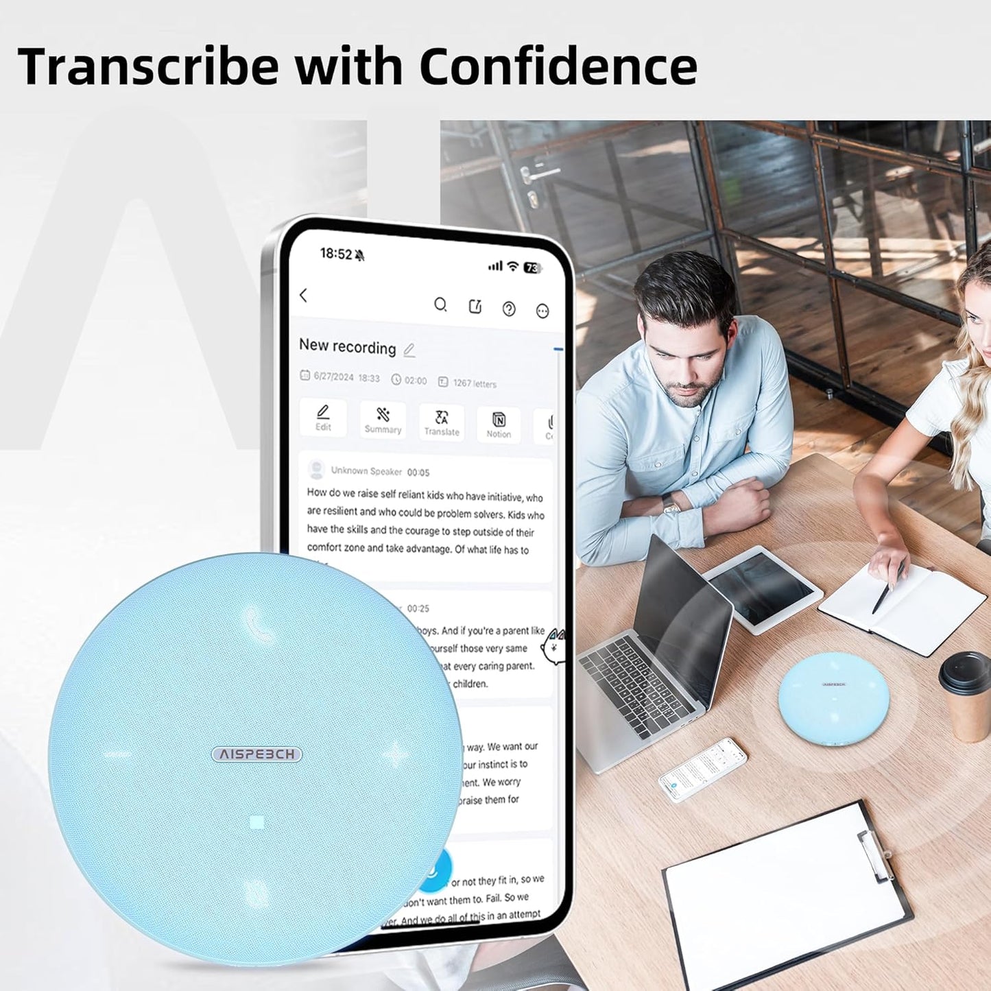 Bluetooth Conference Speakerphone M4 with AI Noise Reduction, AI Summaries, AI Transcription with 60-Language Support, 13FT 360° Voice Pickup,10-Hour Battery Life for Zoom and Teams, Blue