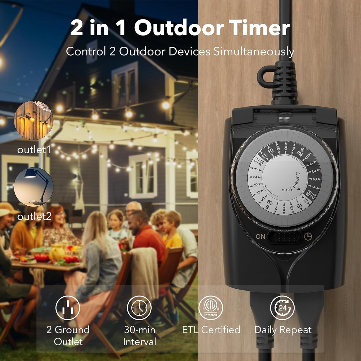 HBN Outdoor Timer Outlet Waterproof, 24 Hour Mechanical Light Timers for Electrical Outlets Outdoor Weatherproof, 2 Grounded Outlets for Christmas Lights, Holiday Decorations, 15A 1/2HP