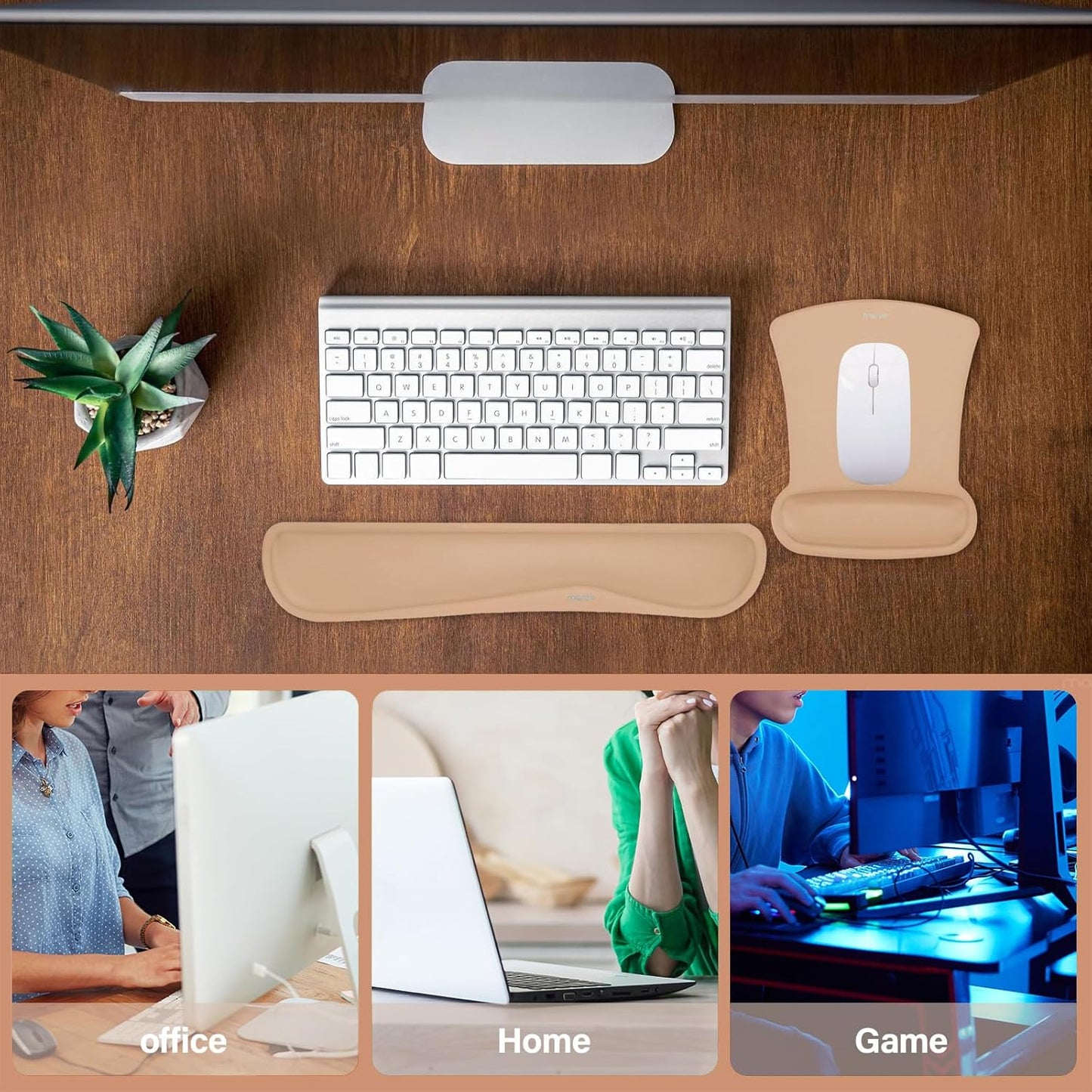 MOSISO Wrist Rest Support for Mouse Pad & Keyboard Set, Ergonomic Mousepad Non-Slip Base Home/Office Pain Relief & Easy Typing Cushion with Neoprene Cloth & Raised Memory Foam, Mocha