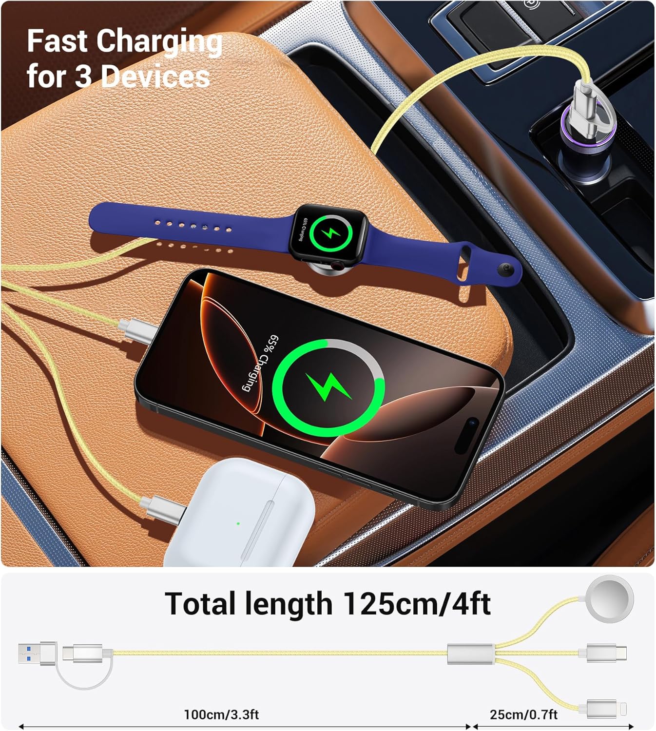 Temdan for Travel Vacation Essentials,3 in 2 USB C Cable for Apple Watch Charger/iPhone 16 Charger/Lightning,Multi Charging Cable Cord,Camping Essentials,Designed for iWatch &iPhone 16-12-4FT Yellow