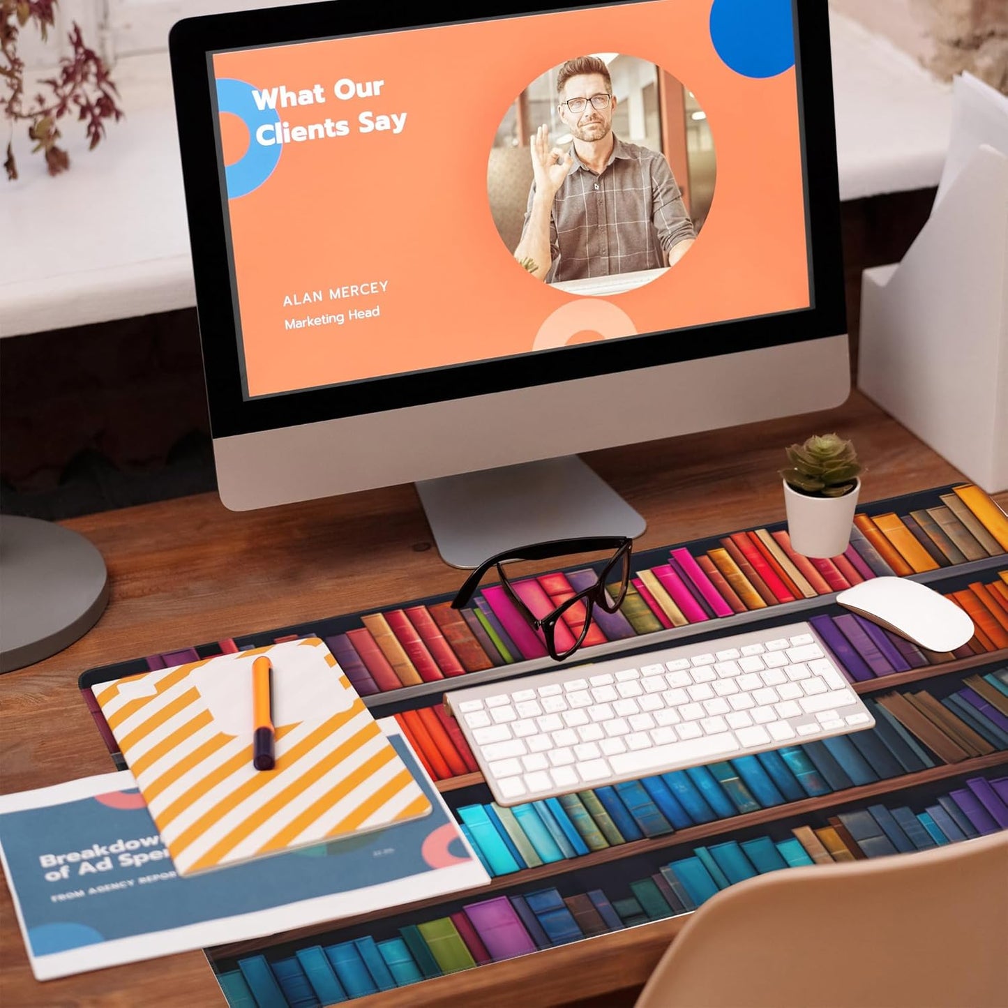 Large Gaming Mouse Pad for Desk,Bookshelves Full of Books Desk Mat,Colorful Books Desk Pad,Extended Big Computer Keyboard Mouse Pad with Non-Slip Base and Stitched Edge,35.4"x15.7"