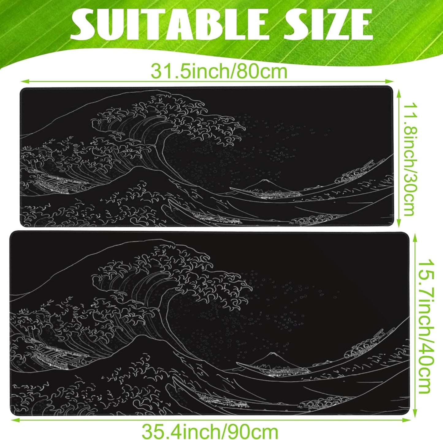 Desk Mat, Black Japanese Sea Wave Desk Pad, Extended Big Computer Keyboard Mouse Pad with Non-Slip Base and Stitched Edge, 35.4"x15.7"