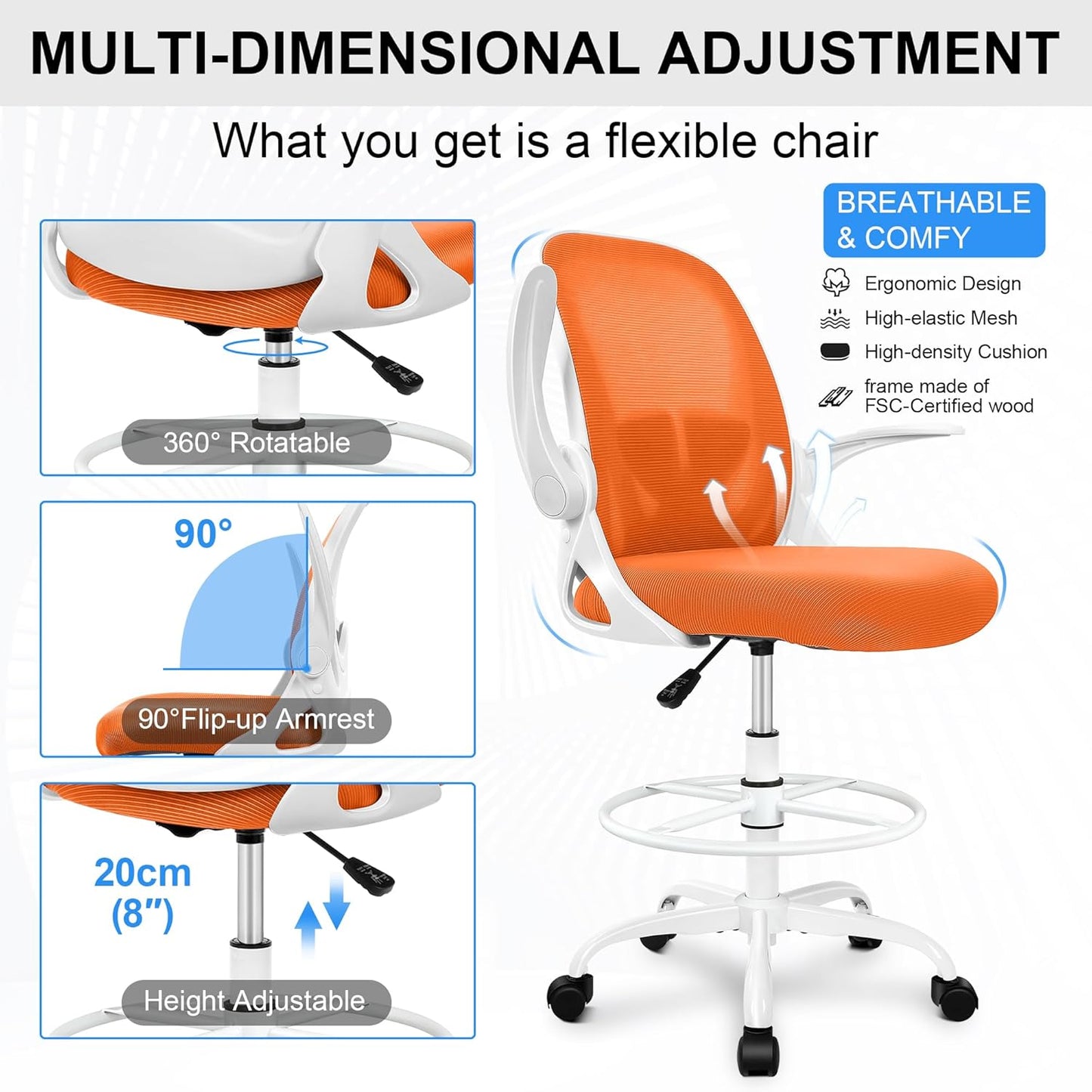 Primy Drafting Chair Tall Office Chair with Flip-up Armrests Executive Ergonomic Computer Standing Desk Chair with Lumbar Support and Adjustable Footrest Ring (Sunset Orange)