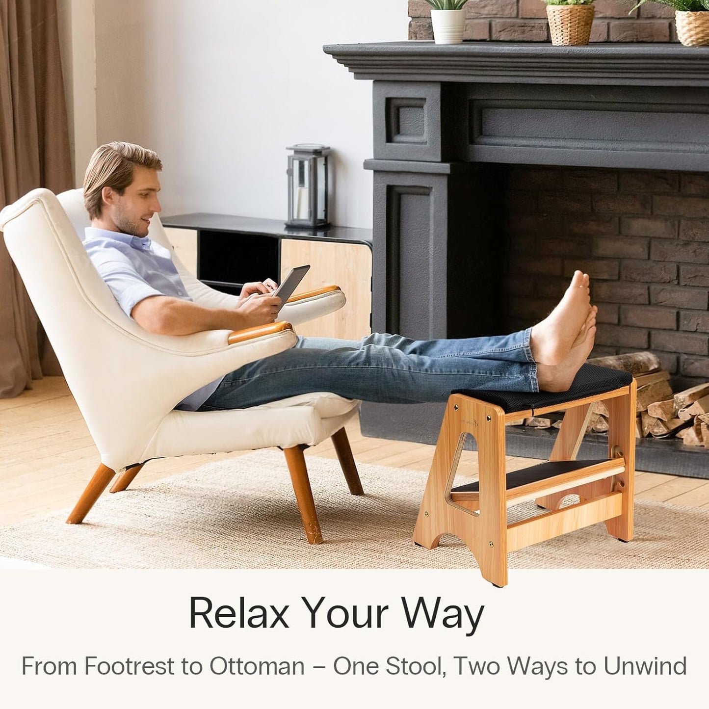 StrongTek Double Step Footrest, Adjustable Wooden Foot Stool with 3 Height Levels, Cushioned Top & Non-Slip Base, Ergonomic Under Desk Leg Rest for Office Home