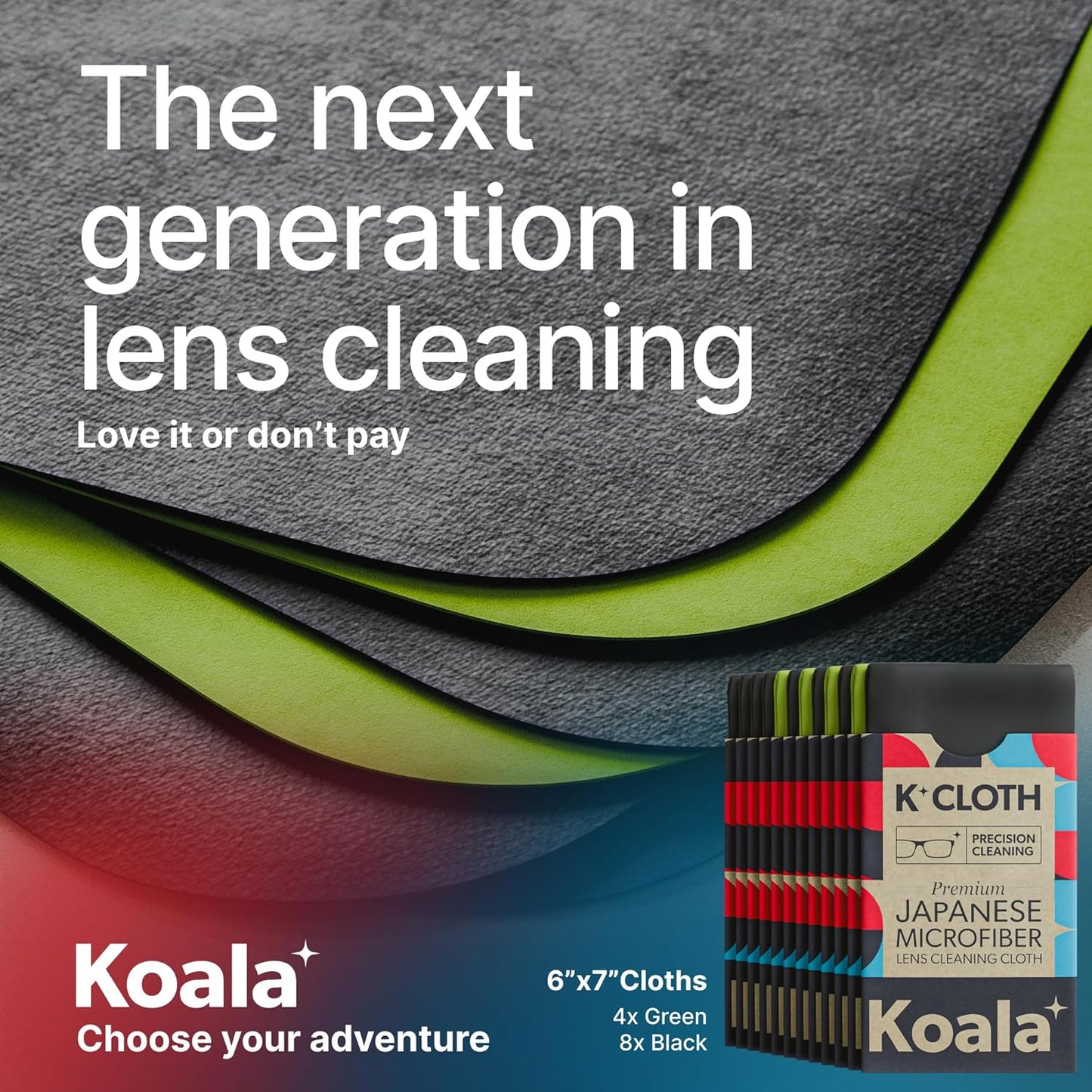Koala Lens Cleaning Cloth | Japanese Microfiber | Glasses Cleaning Cloths | Eyeglass Lens Cleaner | Eyeglasses, Camera, VR/AR Headset, and Screen Cleaner | Black & Green (Pack of 12)