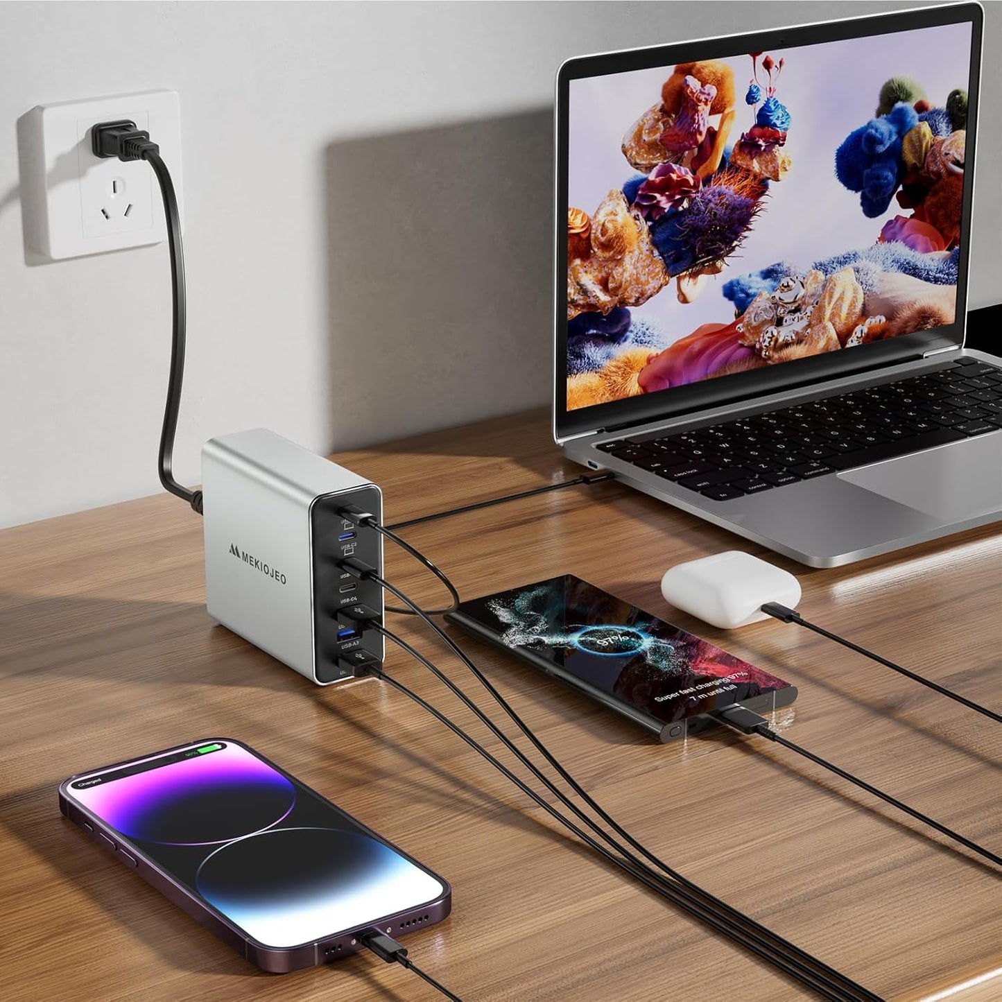 Aluminum Alloy USB C Charger GaN Fast USB C Charging Station 7 Ports 65W Laptop Charger for MacBook Pro/Air/iPad Pro/iPhone (Silver-4C3A)