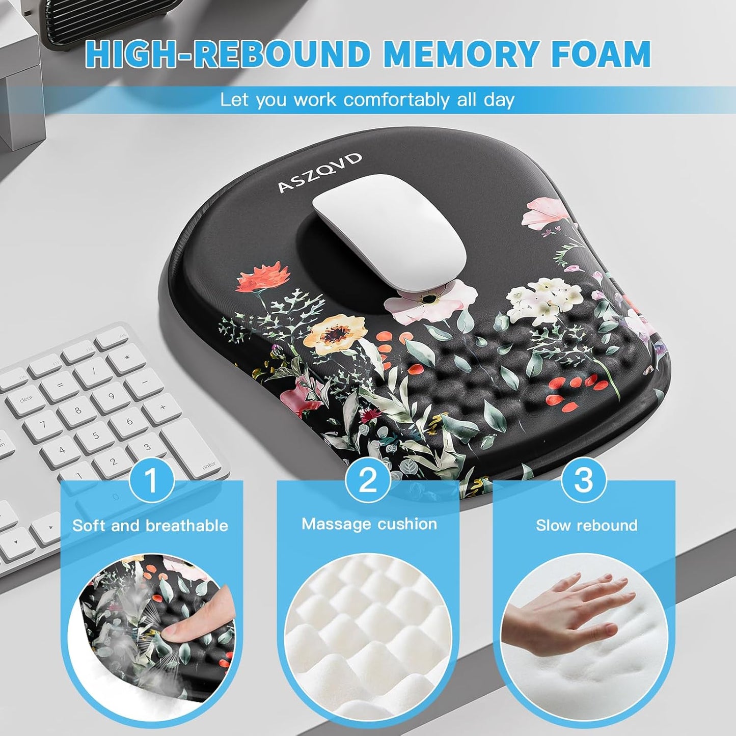Mouse Pad with Wrist Rest, Ergonomic Mousepads with Wrist Support, Soft Lycra Fabric Memory Foam Office Desk Accessories for Comfort/Pain Relief/PC Gaming/Computer/Laptop (Black Flower)