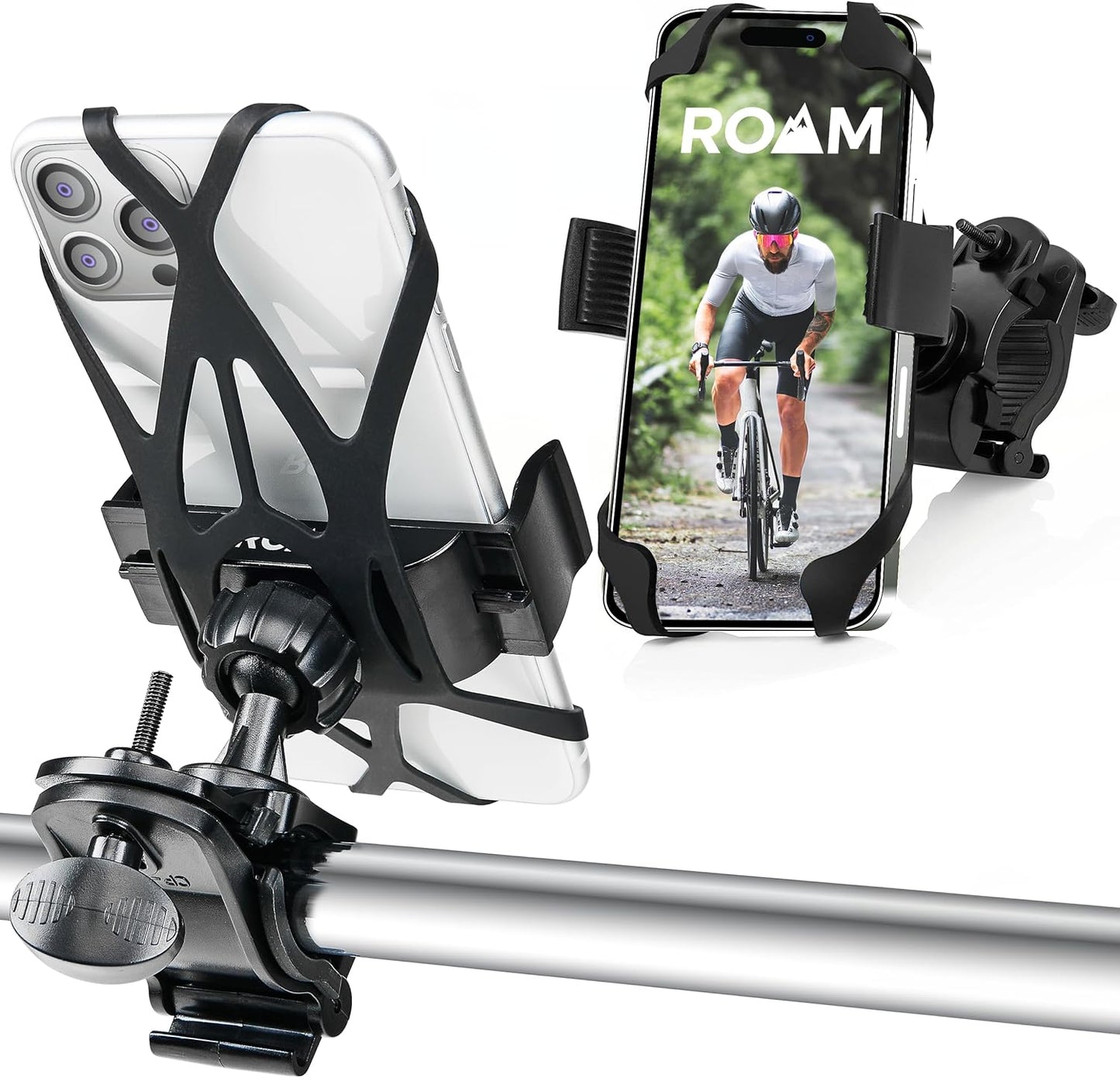 Roam Universal Black Net Bike Phone Mount Holder, 360° Rotation Hands Free Cell Navigation System for Motorcycle eBike Dirt Road Cruiser Scooter Jogging Stroller, Adjustable Up to 3.6" W x 7" L