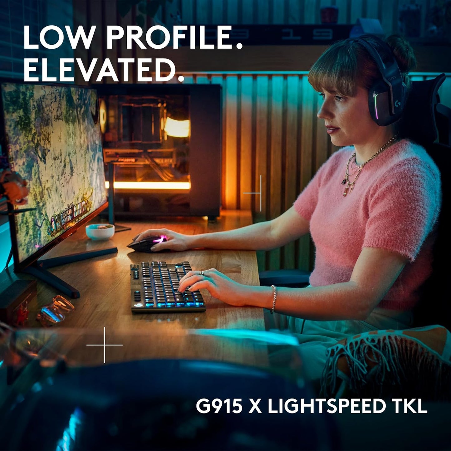 Logitech G915 X Lightspeed TKL Wireless Mechanical Gaming Keyboard, Double-Shot PBT Keycaps, Fully Programmable Keys, RGB Backlit Mac/PC Gaming Keyboards, Aluminum Finish, GL Linear Switches, Black