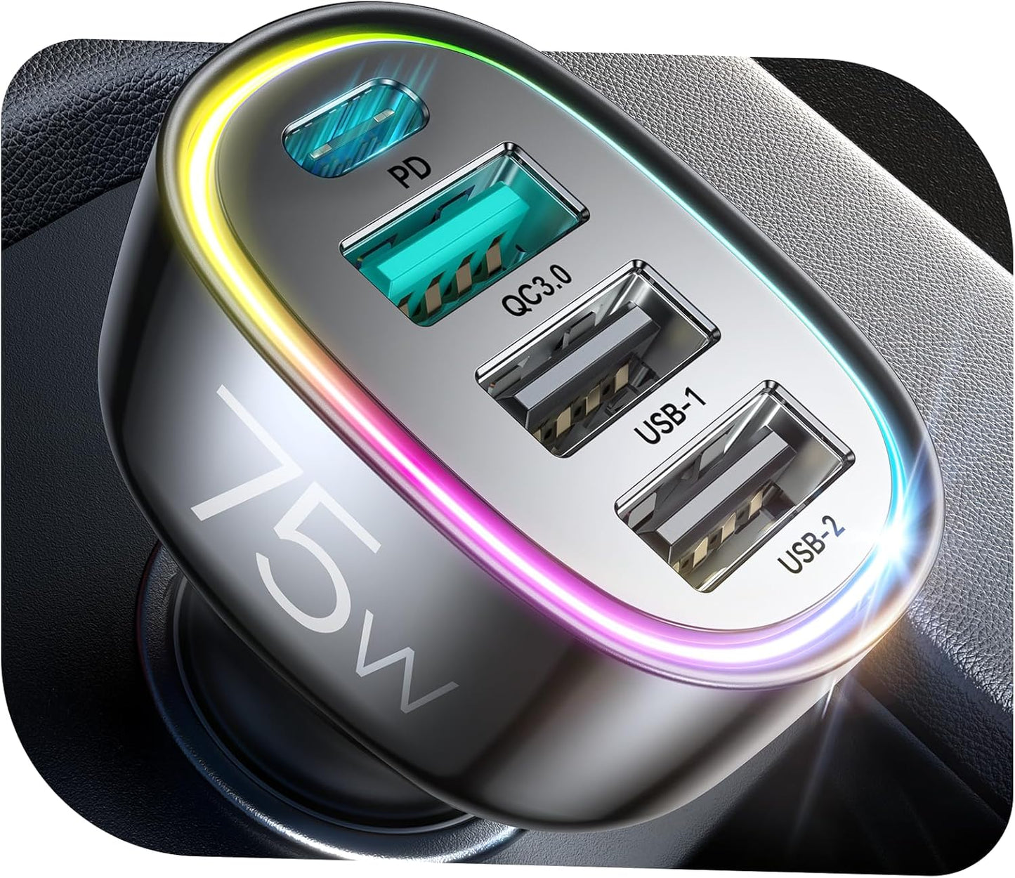 USB C Car Charger Cigarette Lighter Adapter 75W 4-Port Fast Car Charger Fast Charging Compatible with iPhone16/15/14/13 Series