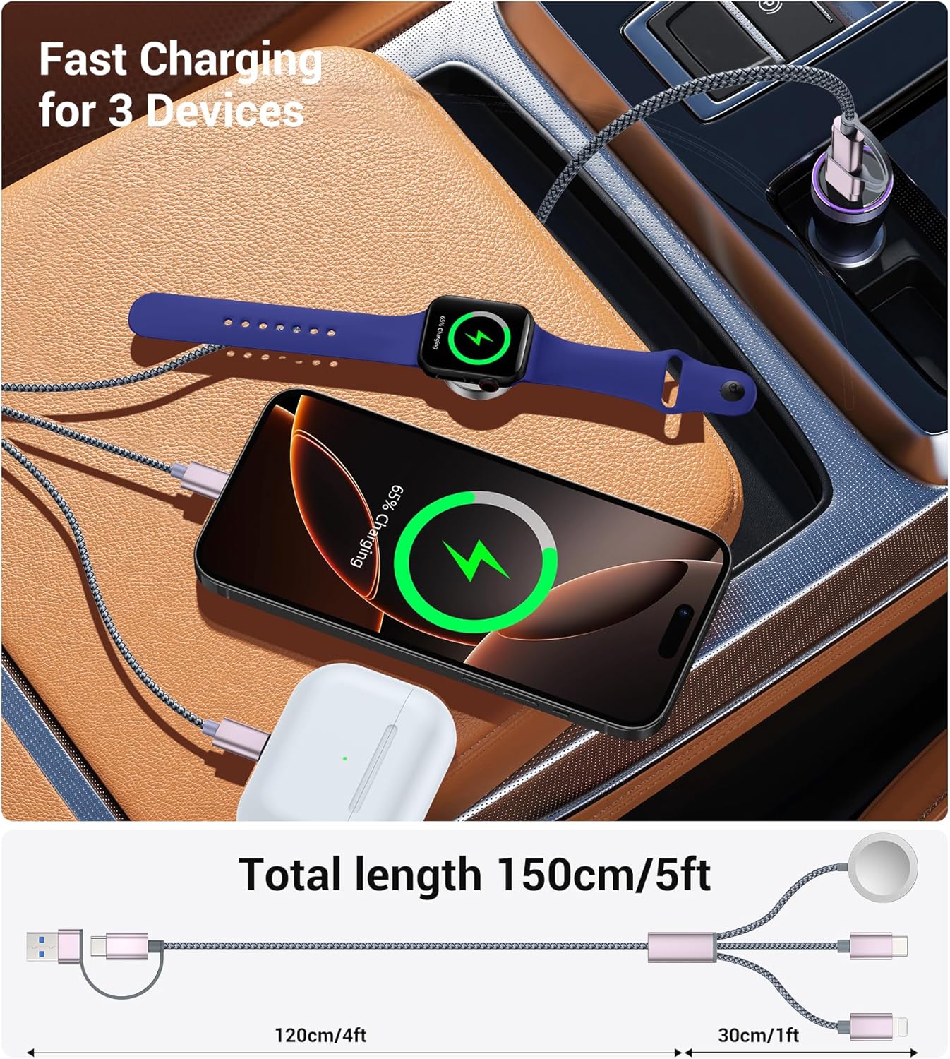Temdan for Travel Vacation Essentials,3 in 2 USB C Cable for Apple Watch Charger/iPhone 16 Charger/Lightning,Multi Charging Cable Cord,Camping Essentials,Portable Designed for iWatch &iPhone 16-12-5FT