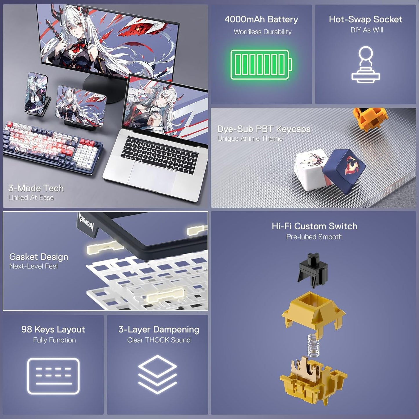 Redragon K686 PRO SE 98 Keys Wireless Gasket RGB Gaming Keyboard, 3-Mode Anime Mechanical Keyboard w/Hot-Swap Socket, Dedicated Knob Control & 5-Layer Noise Dampening, Custom Hi-Fi Linear Switch