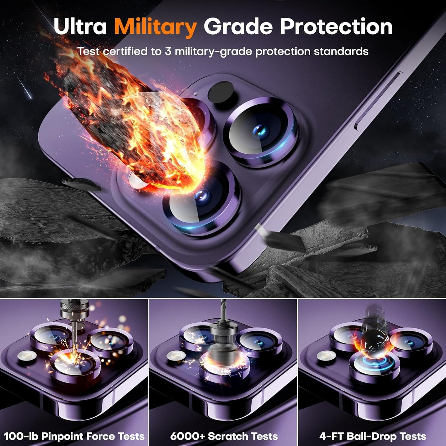 Camera Lens Protector for iPhone 16 Pro Max/16 Pro/15 Pro Max/15 Pro/14 Pro Max/14 Pro, Sapphire Glass Metal Individual Camera Cover Screen, Anti-drop, Scratch Resistant, Case Friendly- Deep Purple