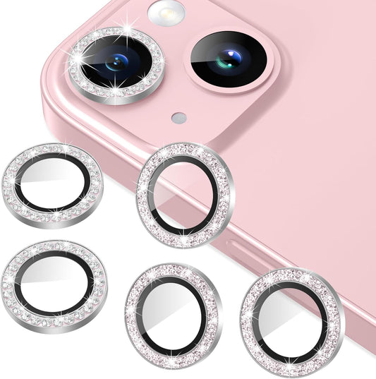 AGVEE 3+3 6 Pack for iPhone 15/15 Plus Camera Lens Protector, Bling Diamond & Bling Glitter Metal Ring 9H Tempered HD Glass Camera Protector Cover Film, Bling-Silver