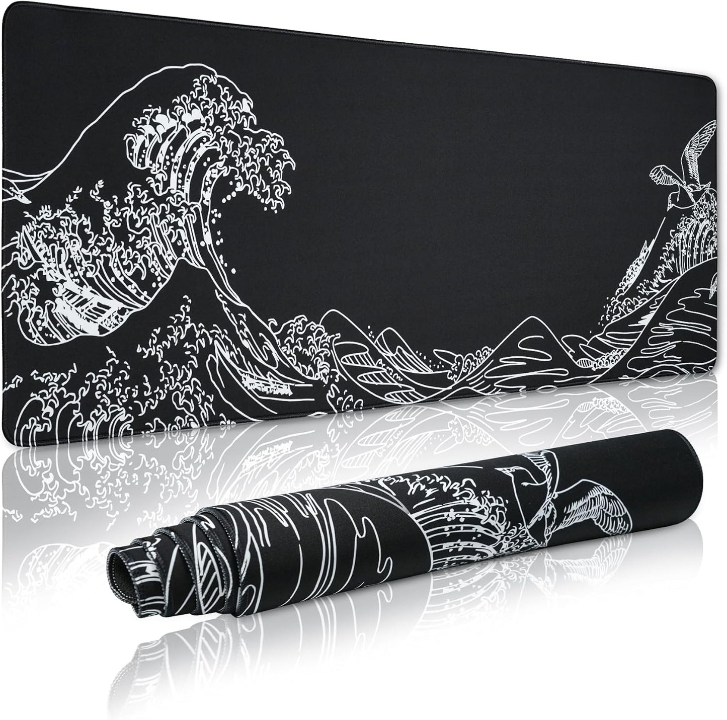 Large Gaming Mouse Pad for Desk,Kanagawa XXL Mouse Pad 35.4x15.7 Inch,Waterproof Desk Pad,Non-Slip Rubber Base Mice Pad,Keyboard Pad Computer Mat,Black Mouse pad