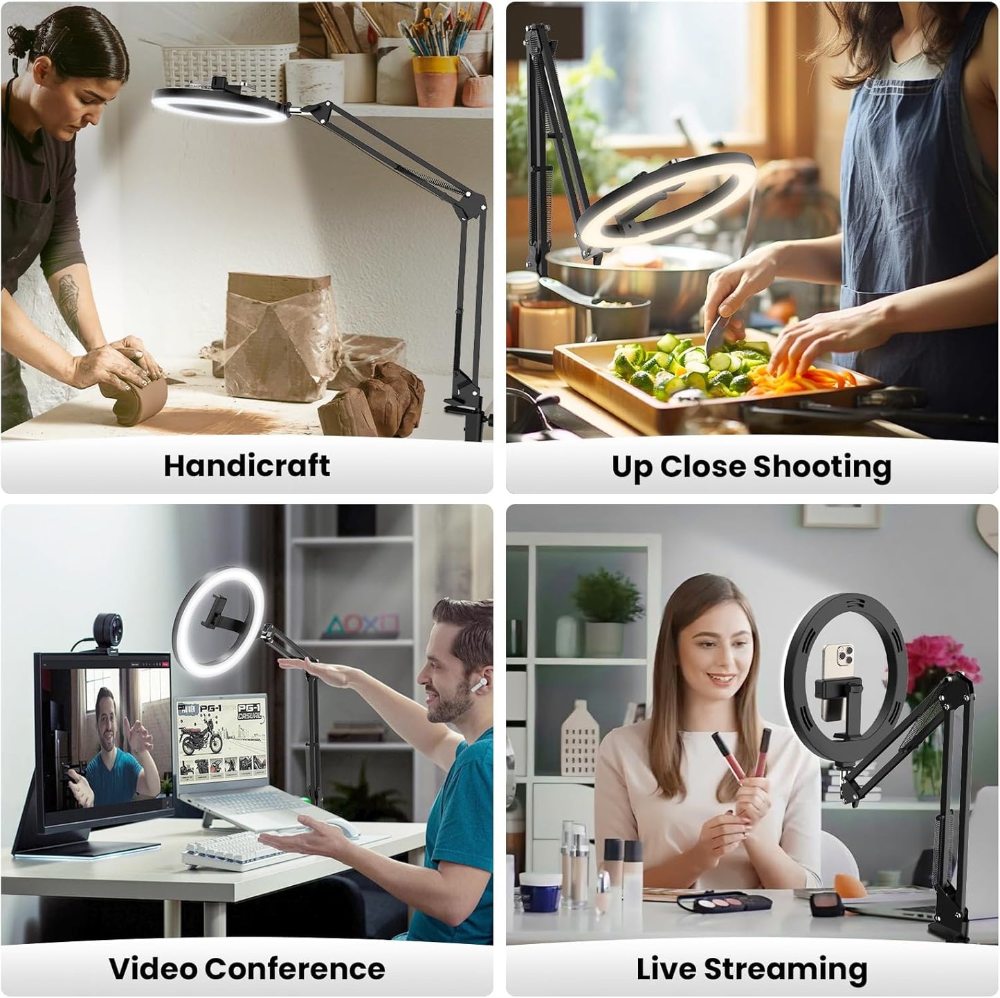 Overhead Camera Mount with Ring Light Phone Holder,10" LED Ring Light for Desk with Stand and Remote for iPhone,Phone Tripod with Light for Video Recording TikTok Live Stream Cooking Kitchen Vlogging