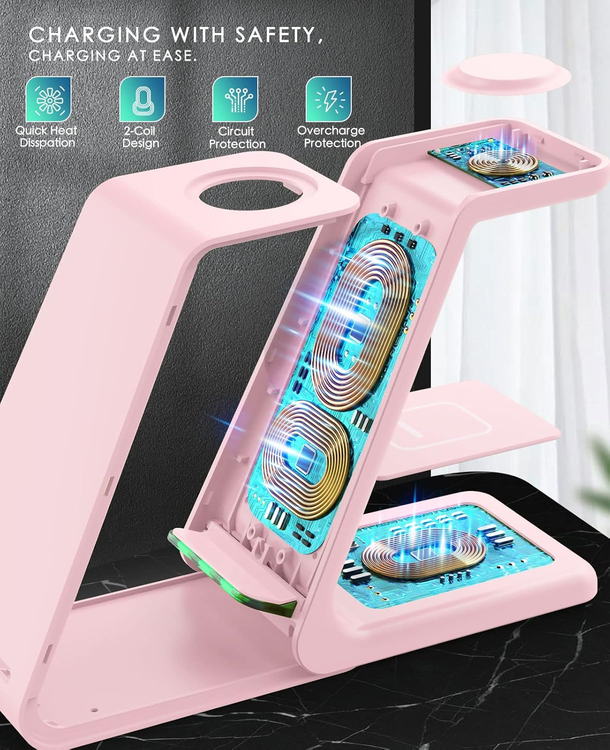 3 in 1 Wireless Charging Station, 2025 Upgraded Fast Desk Charger Station for iPhone 16 15 14 13 12 Pro Max Plus, Charger Stand for Apple Watch 10 9 8 7 6 5 4 3 2 SE, Airpods 4 3 2 Pro(Pink)