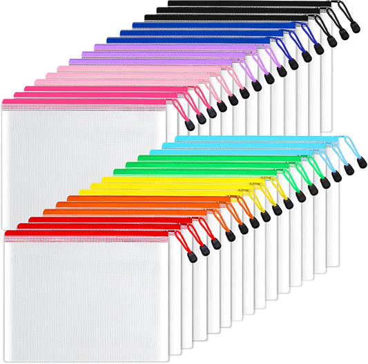 SUNEE Mesh Zipper Pouch 6x9 in (10 Colors, 30 Packs), Mesh Bags with Zipper for School Office Supplies, Puzzles & Games, Travel Accessories, Waterproof Zipper Pouches for Organizing