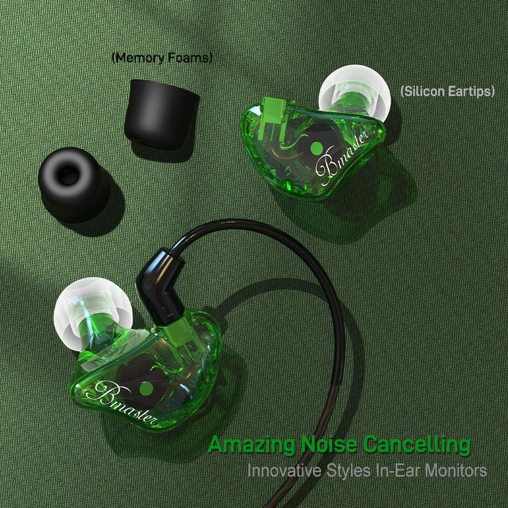BASN in-Ear Monitors, Bmaster Triple Driver HiFi Stereo Noise-Isolating in-Ear Headphones with Two Detachable MMCX Cables for Stage/Audio Recording (Green)