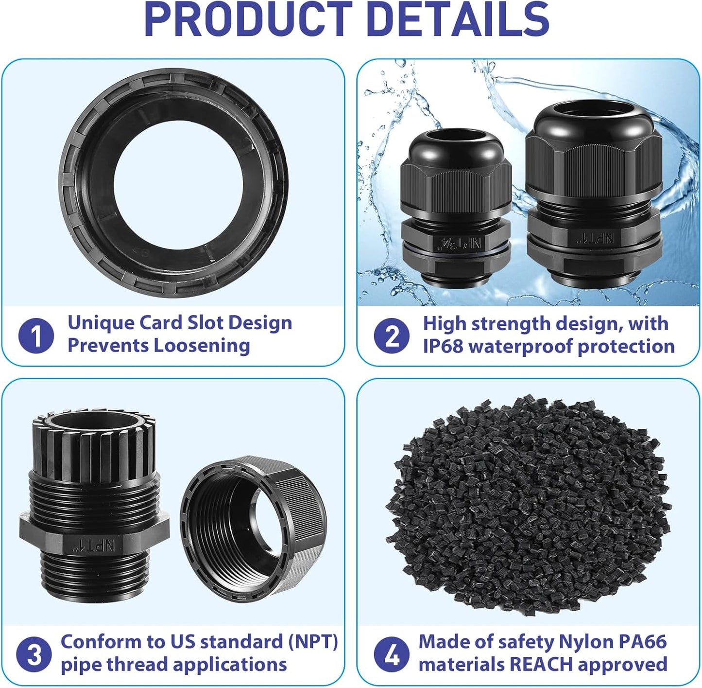 50 PCS 3/8"(5-10mm) NPT Nylon Cable Gland Joints with Gaskets, IP68 Adjustable Lock Nut Strain Relief Cord Grip Waterproof Cable Glands - UL Listed and RoHS Compliant