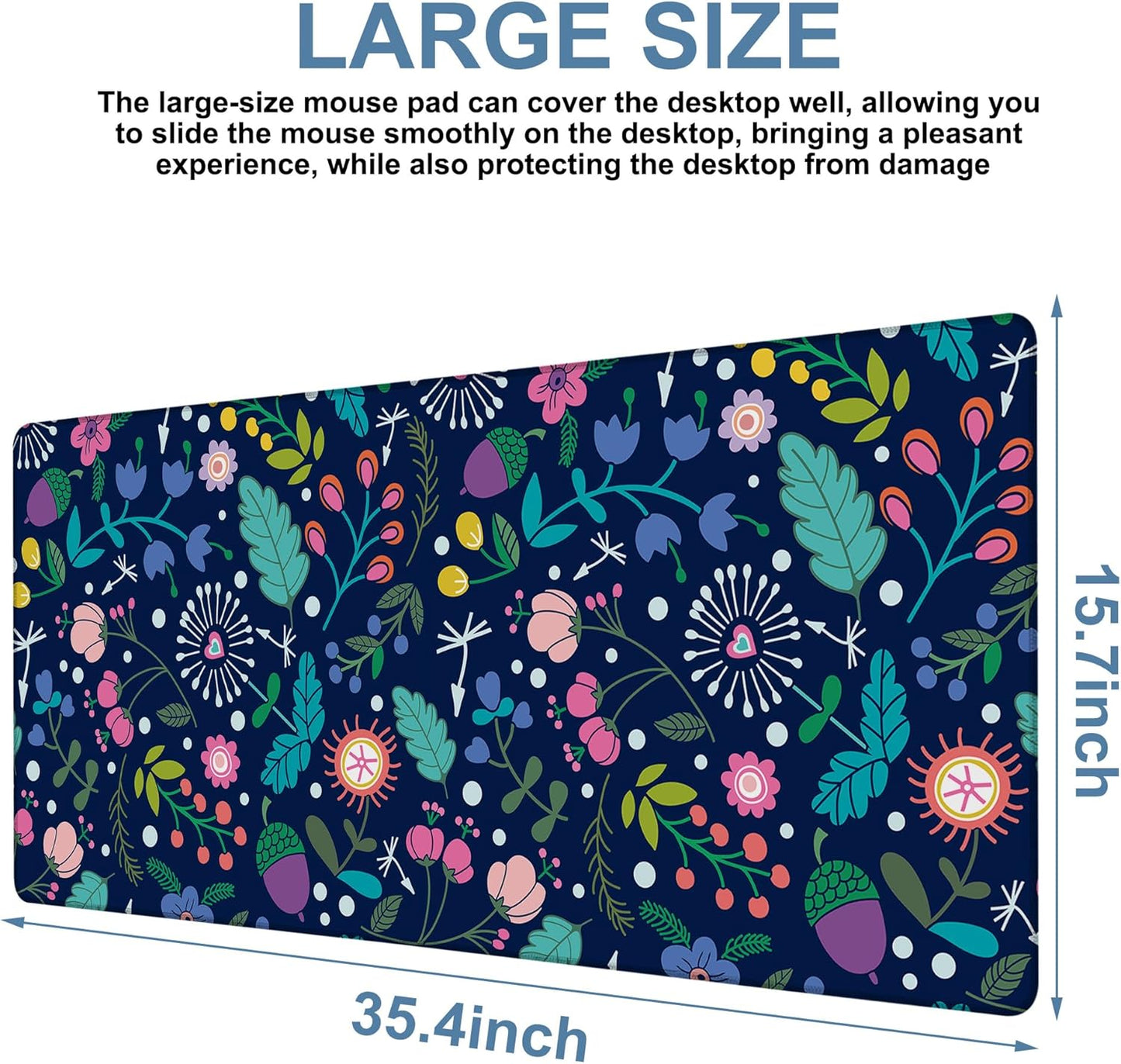 Gaming Desk Pad Large Extra Length Beautiful Floral Mouse Pad Keyboard Laptop Non-Slip Waterproof with Rubber Base Thick Stitched Edge Mouse Mat for Office Home 35.4 x 15.7 Inches