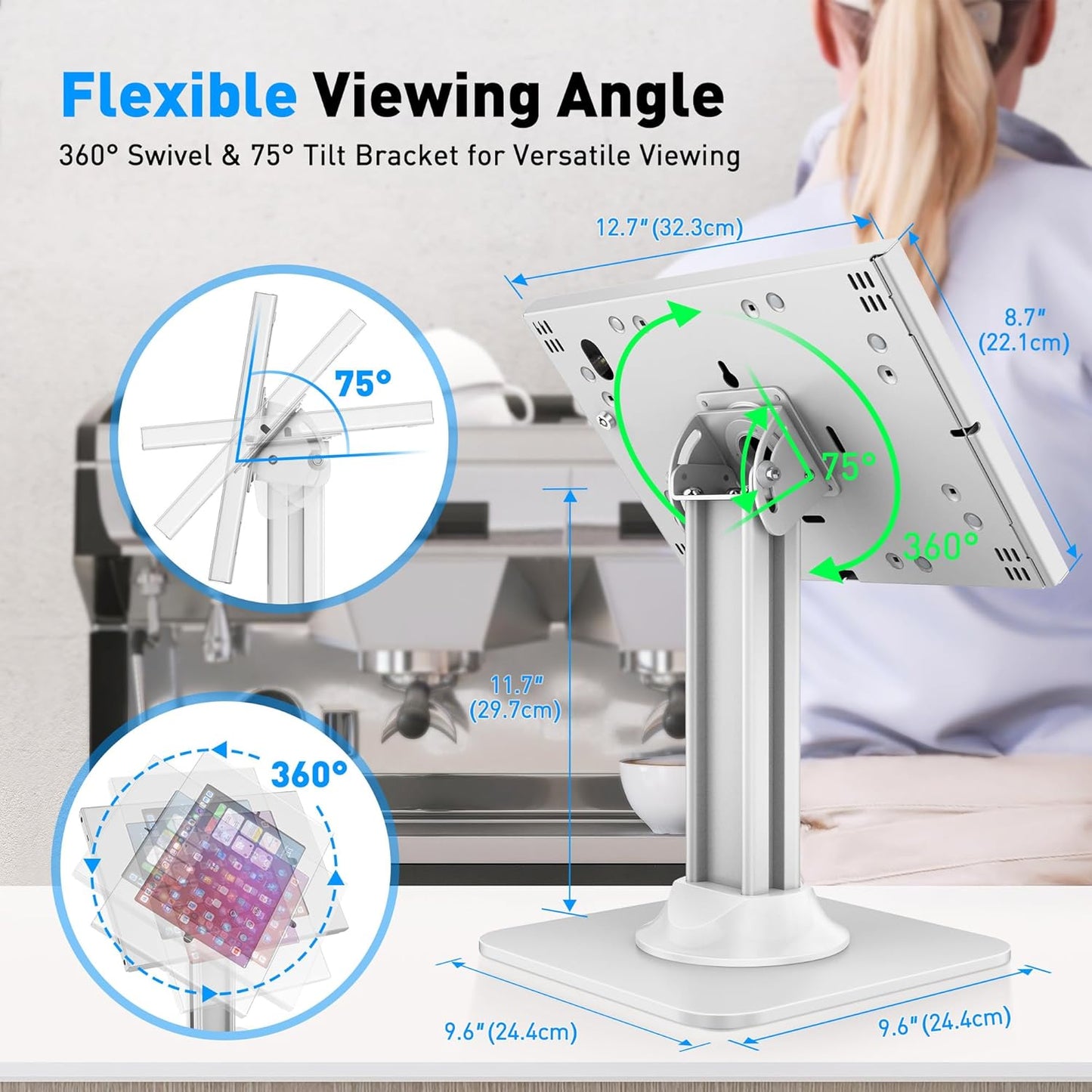 AboveTEK Anti-Theft iPad Kiosk Stand – POS iPad Security Stand & Locking Tablet Stand – Heavy Duty Base, 360° Swivel, 75° Tilt Bracket – Retail Business for iPad/iPad Air/iPad Pro (White)