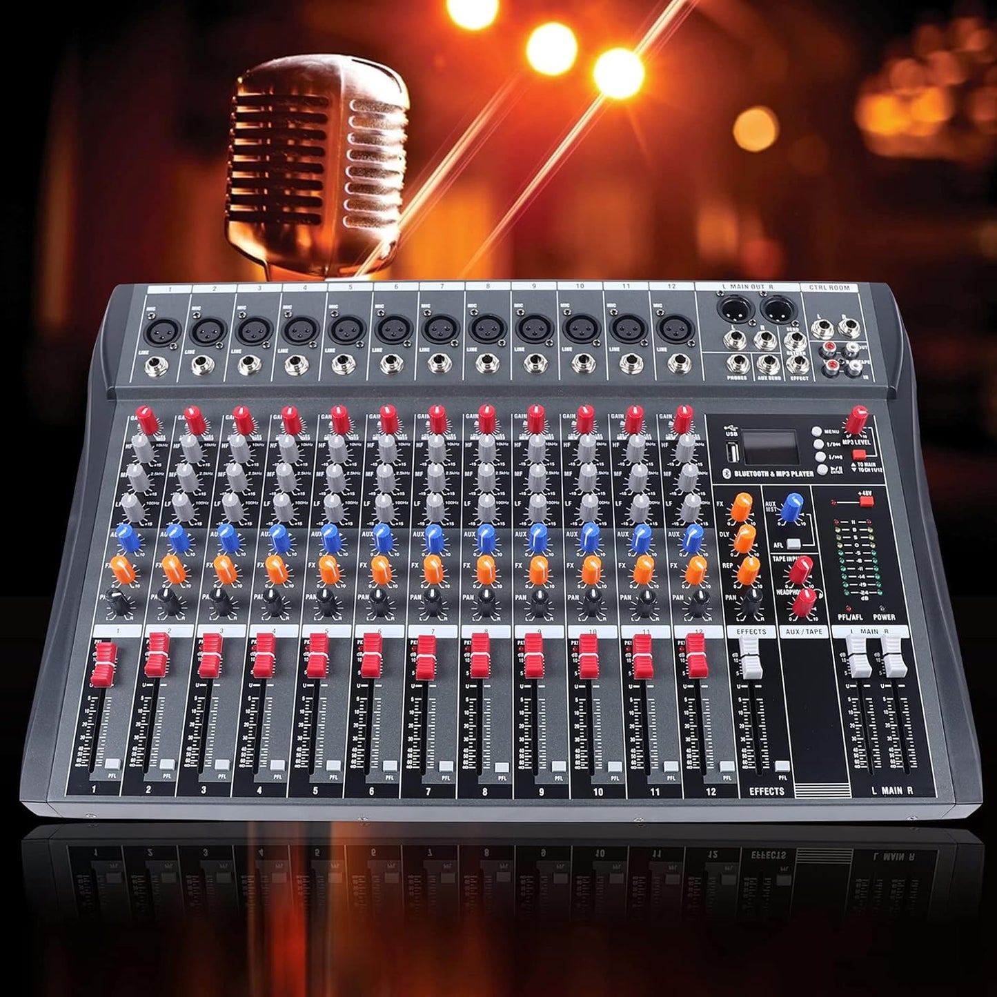 Pro 12 Channels Live Audio Mixer Bluetooth USB DJ Sound Mixing Console with 3 Stage Equalization Regulate 6 Modes Of Music for Family Ktv,Campus Speech,Meeting