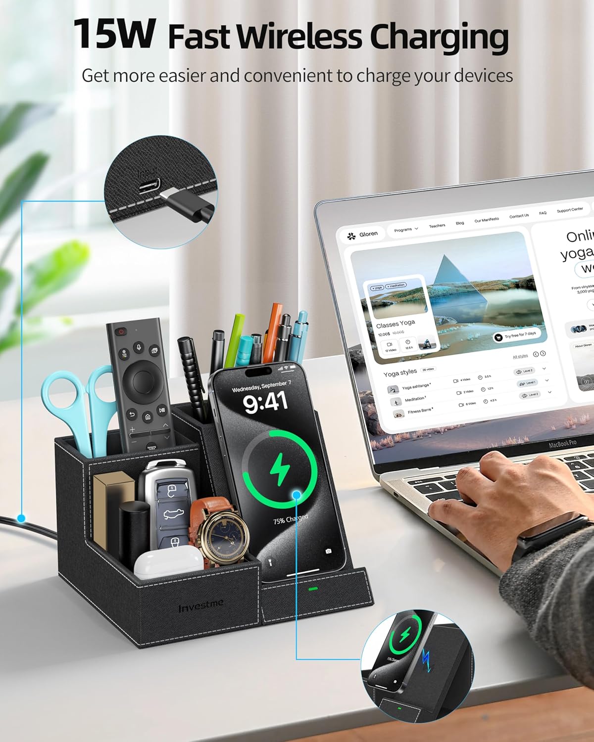 Wireless Charger with Desk Organizer, Pen Pencil Holder, Multifunctional Desktop Organizer, Office Supplies and Desk Accessories Organizer with 3 Compartments and 1 Phone Stand