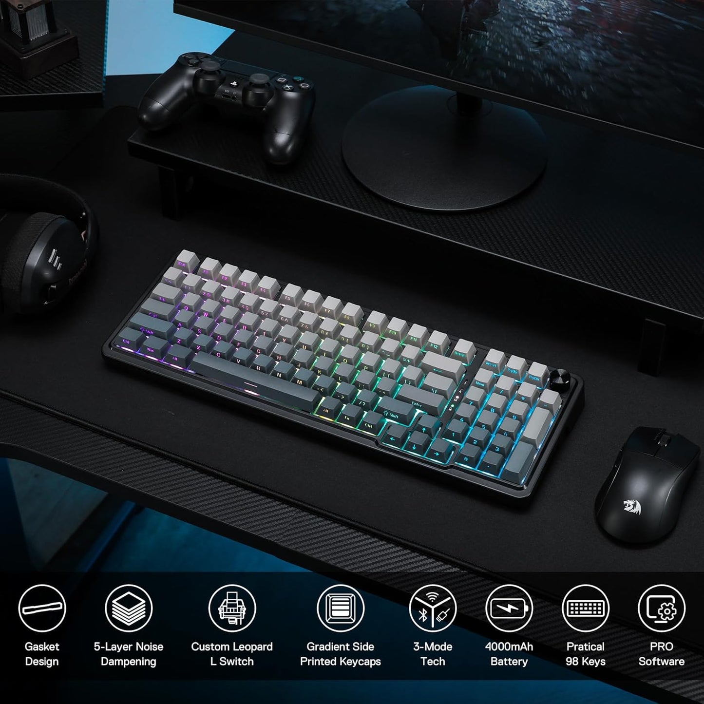 Redragon K686 PRO 98 Keys Wireless Gasket RGB Gaming Keyboard, 3-Mode PBT Mechanical Keyboard w/Hot-Swap South-Facing RGB Socket, Dedicated Knob Control & 5-Layer Noise Dampening, Gradient PBT Keycaps
