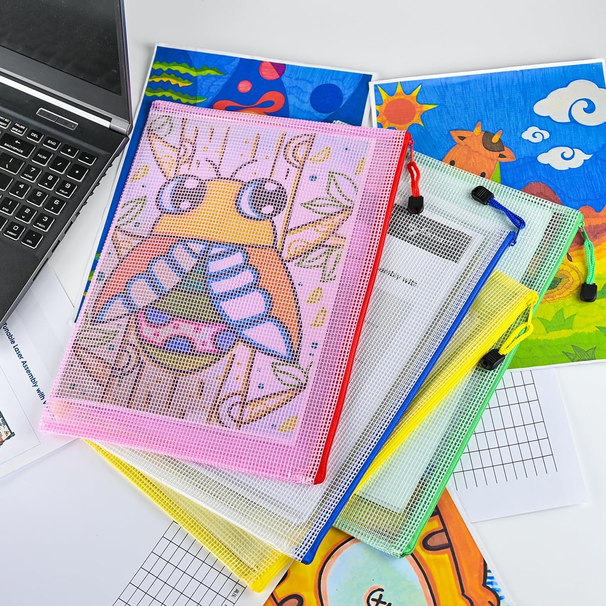 AUSTARK 20 Pcs Zipper File Bags, Plastic Mesh Pouch, Board Game Storage Bag, Waterproof Bags for Office School (A4 Size 13.4''x9.4'', Multicolored)