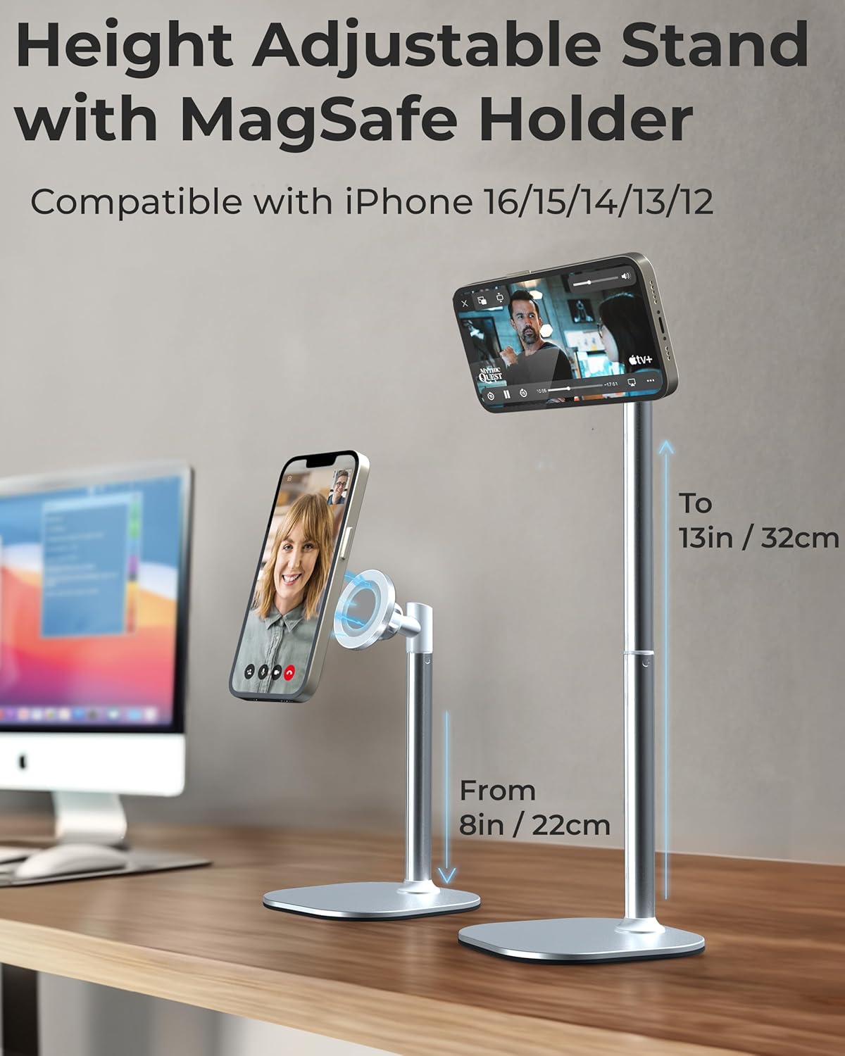 COOPER MagStand - Adjustable Magnetic iPhone Stand for Desk & Phone Holder for Video Recording, Compatible with MagSafe, Stand for iPhone 16 Pro Max, 15/14/13/12, Small Mag Safe Tripod (Cream White)