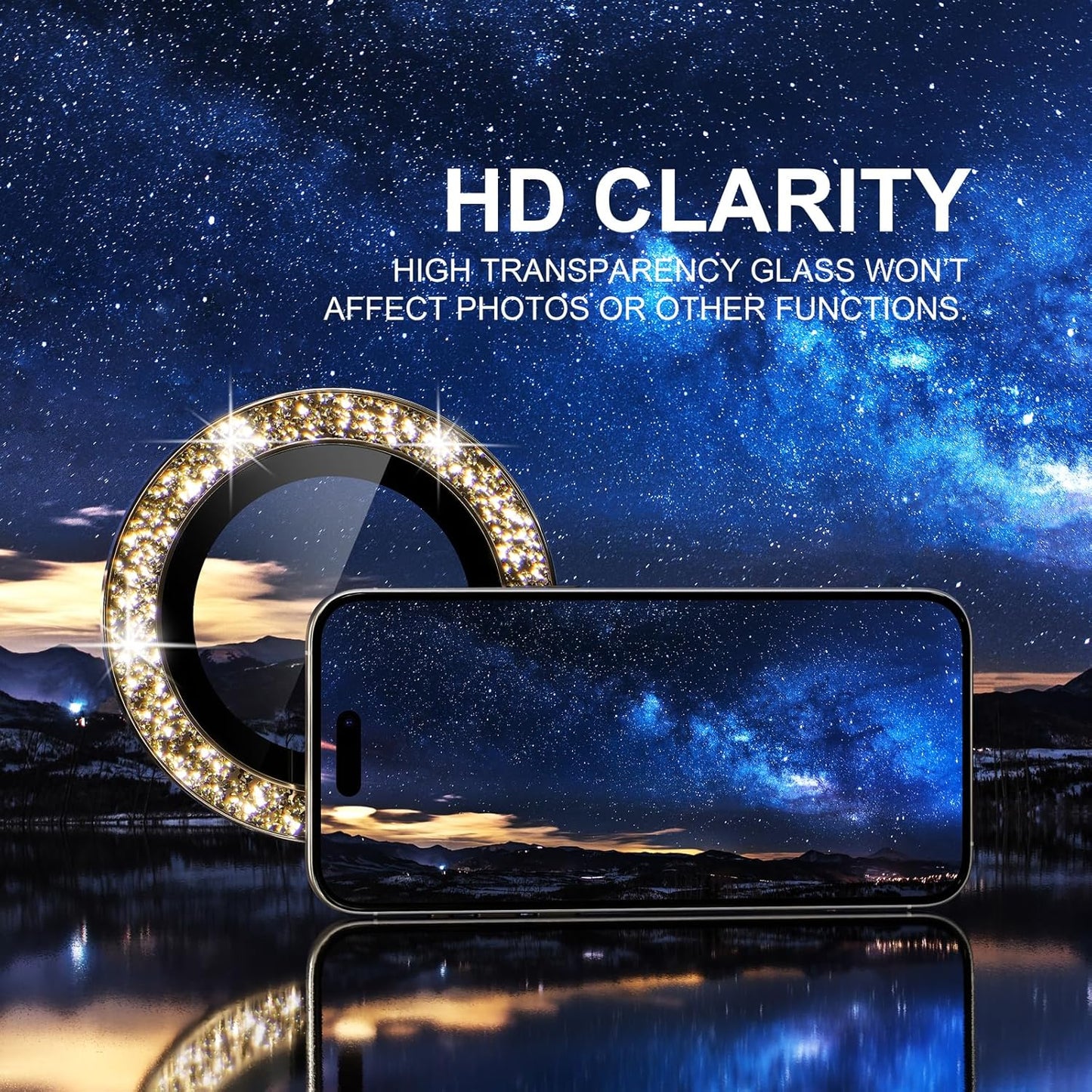 Choiche Compatible for iPhone 15 Pro/iPhone 15 Pro Max Camera Lens Protector Bling, 9H Tempered Glass Camera Cover Screen Protector Metal Ring Decoration Accessories (Glitter-Gold)