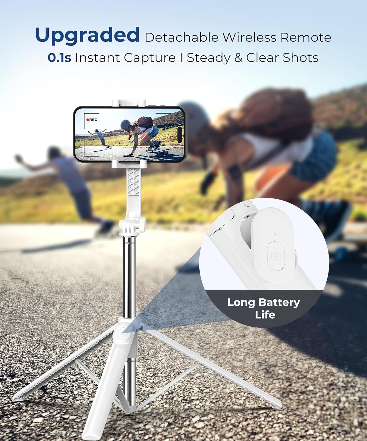 67‘’ Selfie Stick, Phone Tripod with Wireless Remote Control, Portable Selfie Stick Tripod for Photograph, Live Streaming, Video Recording, Compatible with All Cell Phones, White