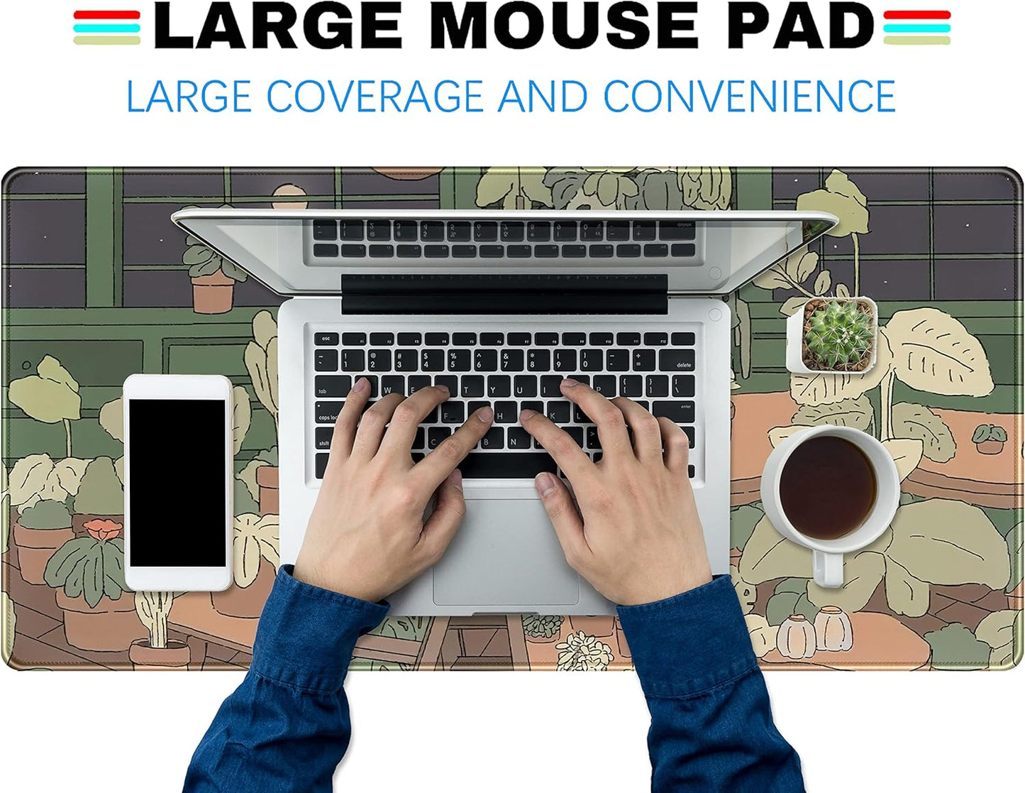 Cute Desk Mat Kawaii Bear Mousepad Cute Anime Plant Desk Protector, Kawai Aesthetic Brown and Green Forest Keyboard Mat, Large Mouse Pad XXL Gaming Desk Pad XL Office Home Decor for Women Girls