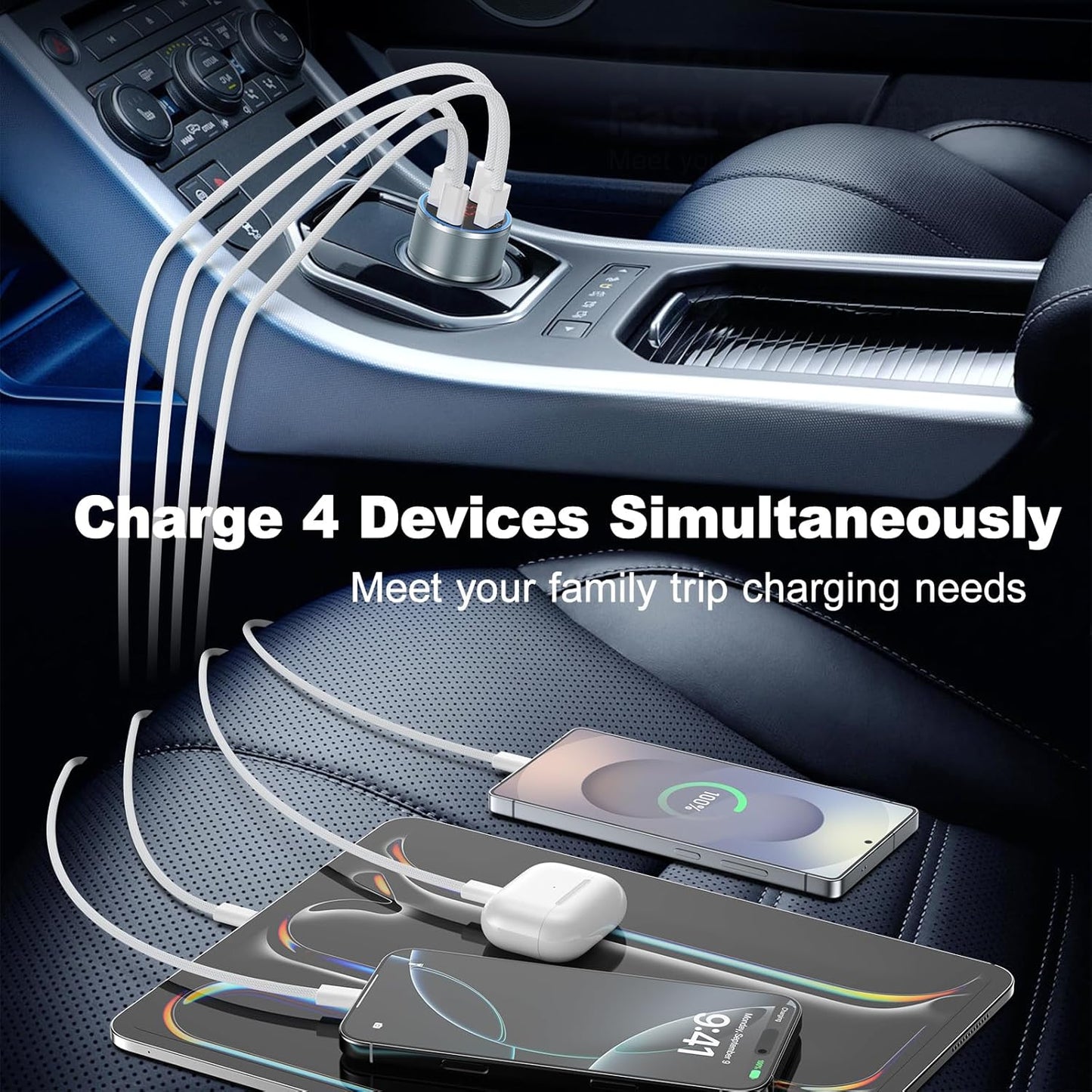 USB C Fast Car Charger, 2Pack 4-Port Fast Charging Car Charger with Voltage Display, Type C Car Chargers for Multiple Devices,USBC Phone Adapter for iPhone 16e 16 15 Pro Max,Galaxy,iPad,Pixel,Android