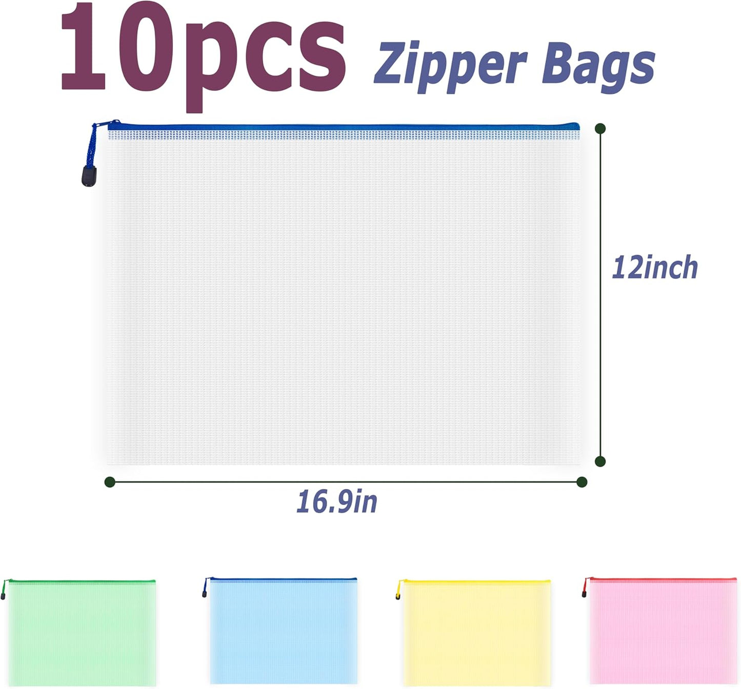 AUSTARK 10 Pcs Zipper File Bags, Waterproof Plastic Mesh Pouch for Office School, Board Game Storage Bags (A3 Size 16.9''x12'', Multicolored)