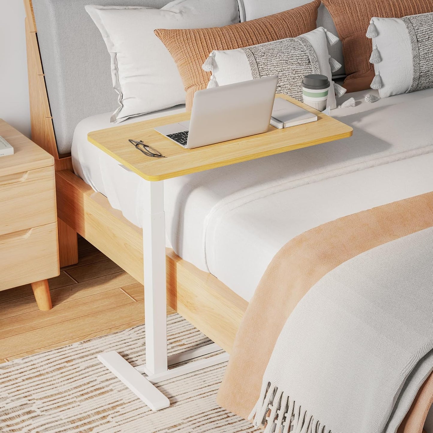 SANODESK Medical Adjustable Overbed Bedside Table with Hidden Casters, Pneumatic Mobile Laptop Computer Standing Desk Cart with Tray, Hospital and Home Use(27.6" W x 15.7" D, Maple)