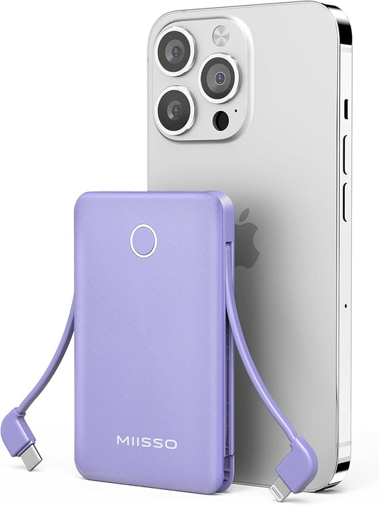 miisso 6000mah Ultra Slim Built in Cables Power Bank, Card Size Built in USB C Cords Battery Pack Portable Charger for Phones, 3 Output External Battery Pack Compatible with iPhone, Samsung, Purple