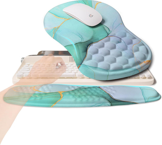 2-in-1 Ergonomic Set, Wave Rise Keyboard Wrist Rest and Massage Bulge Slope Mouse Pad Wrist Support, Cushion Memory Foam Integrated to Relieve Wrist Pain, Blue Gold Marble